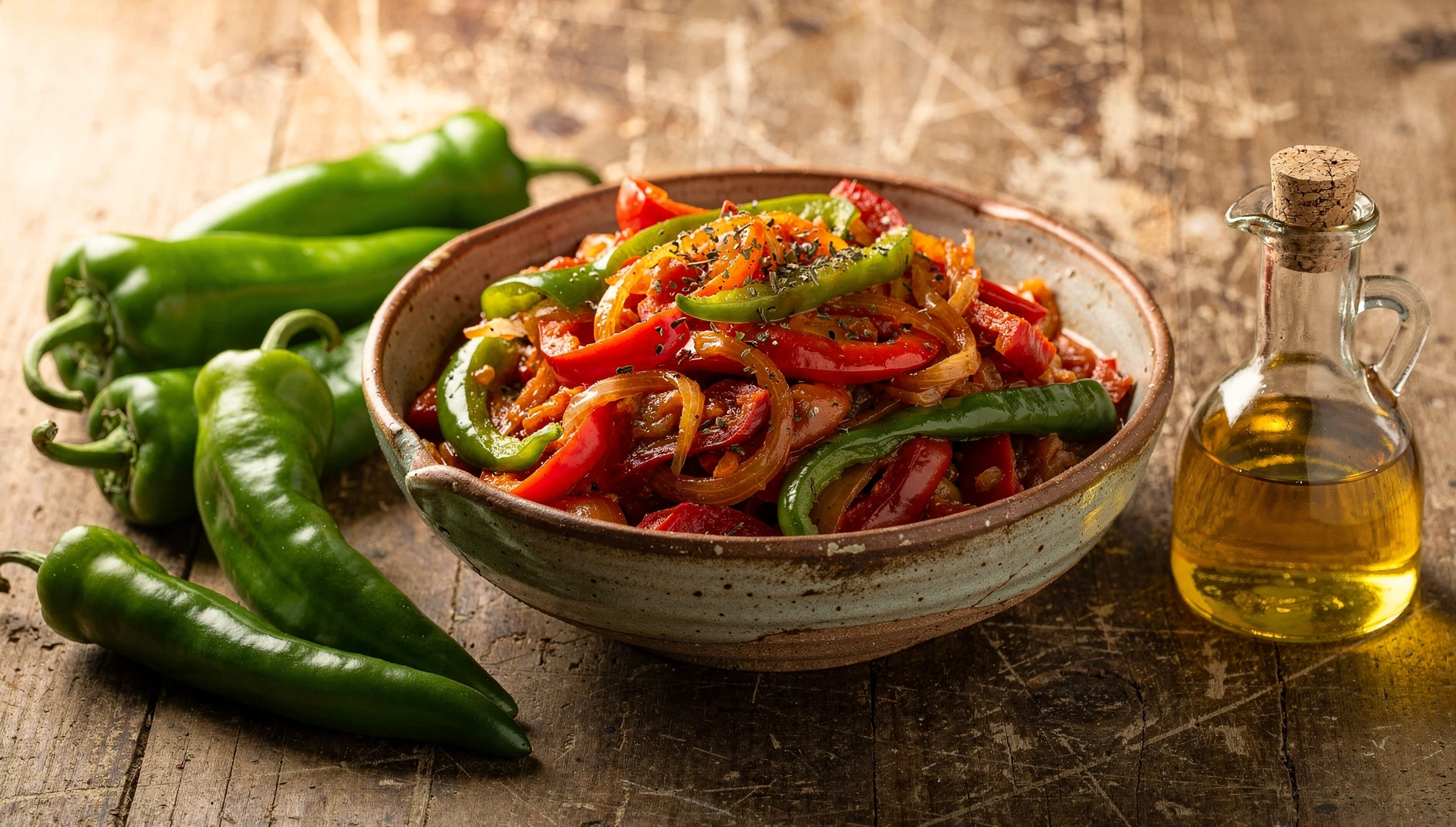 Piperrada vasca en un cuenco de cerámica rústica con pimientos rojos y verdes cocinados lentamente con tomate y cebolla