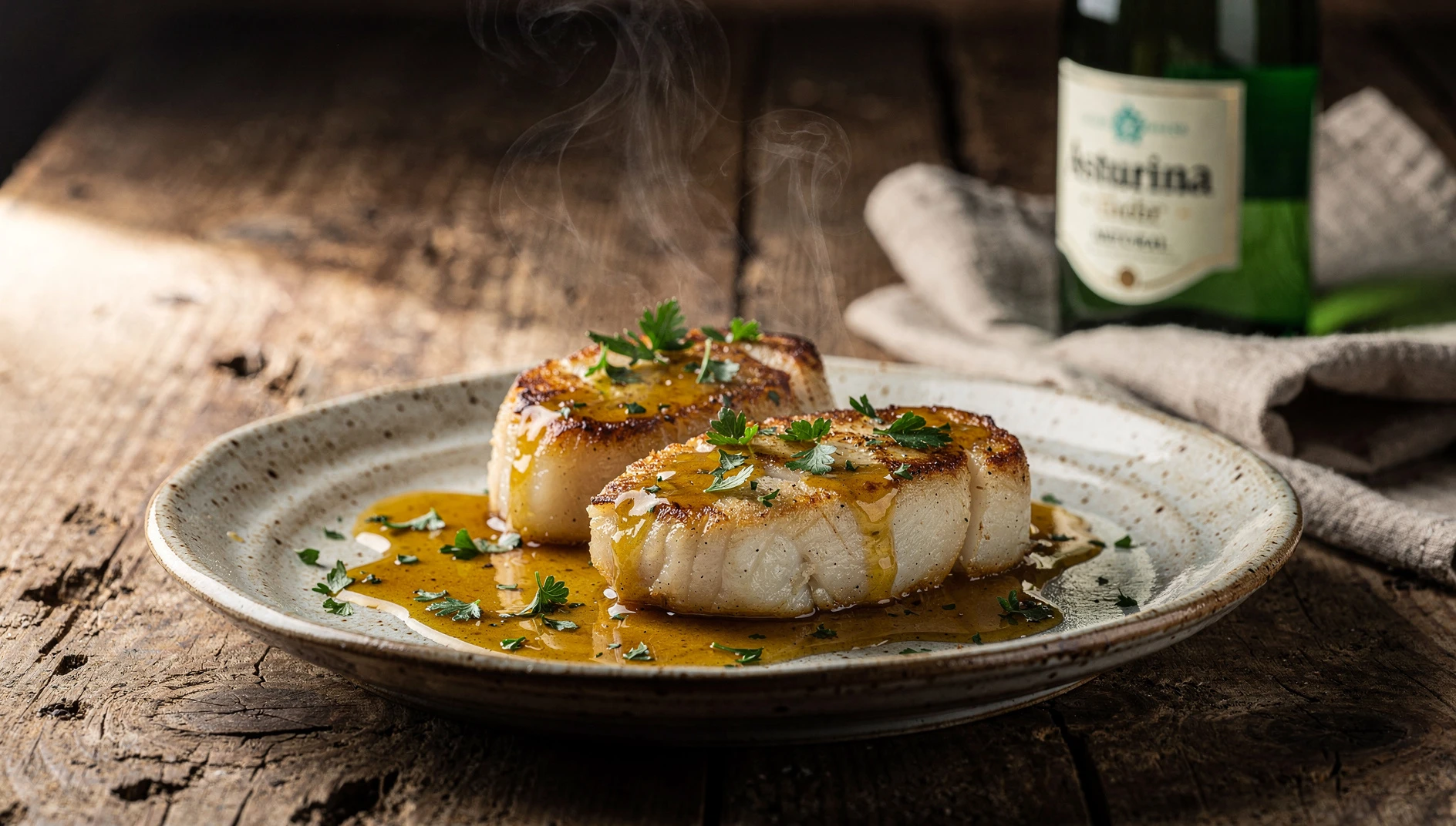 Plato de pixín a la sidra con medallones de rape en salsa dorada y perejil fresco sobre mesa de madera rústica
