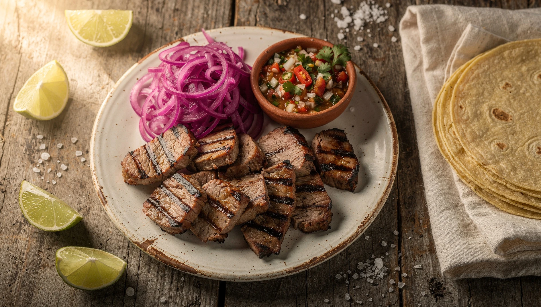 Plato de poc chuc yucateco con medallones de cerdo asado, cebolla morada encurtida y salsa xnipec