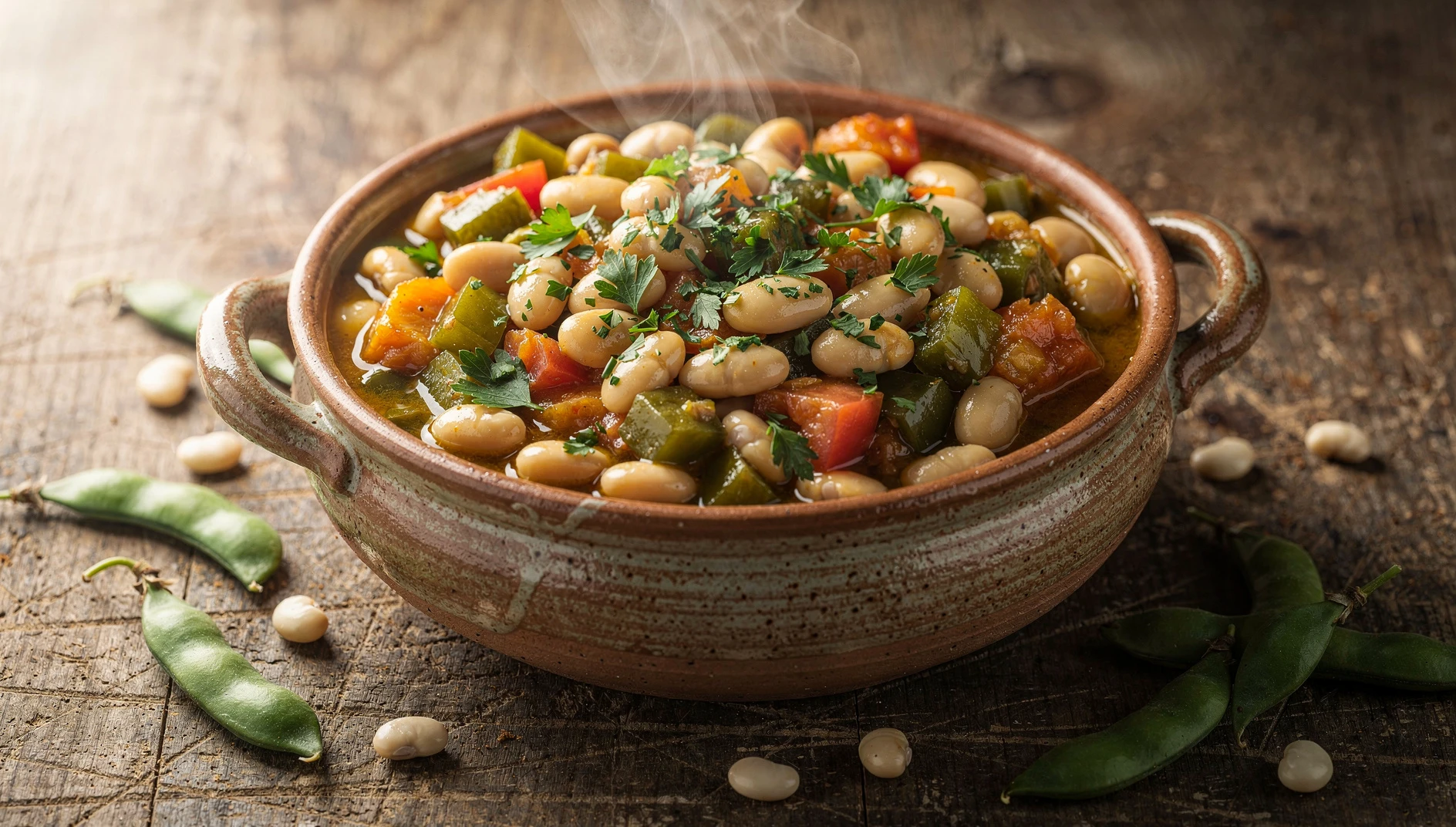 Cazuela de barro con pochas a la navarra recién cocinadas con sofrito de verduras y perejil fresco