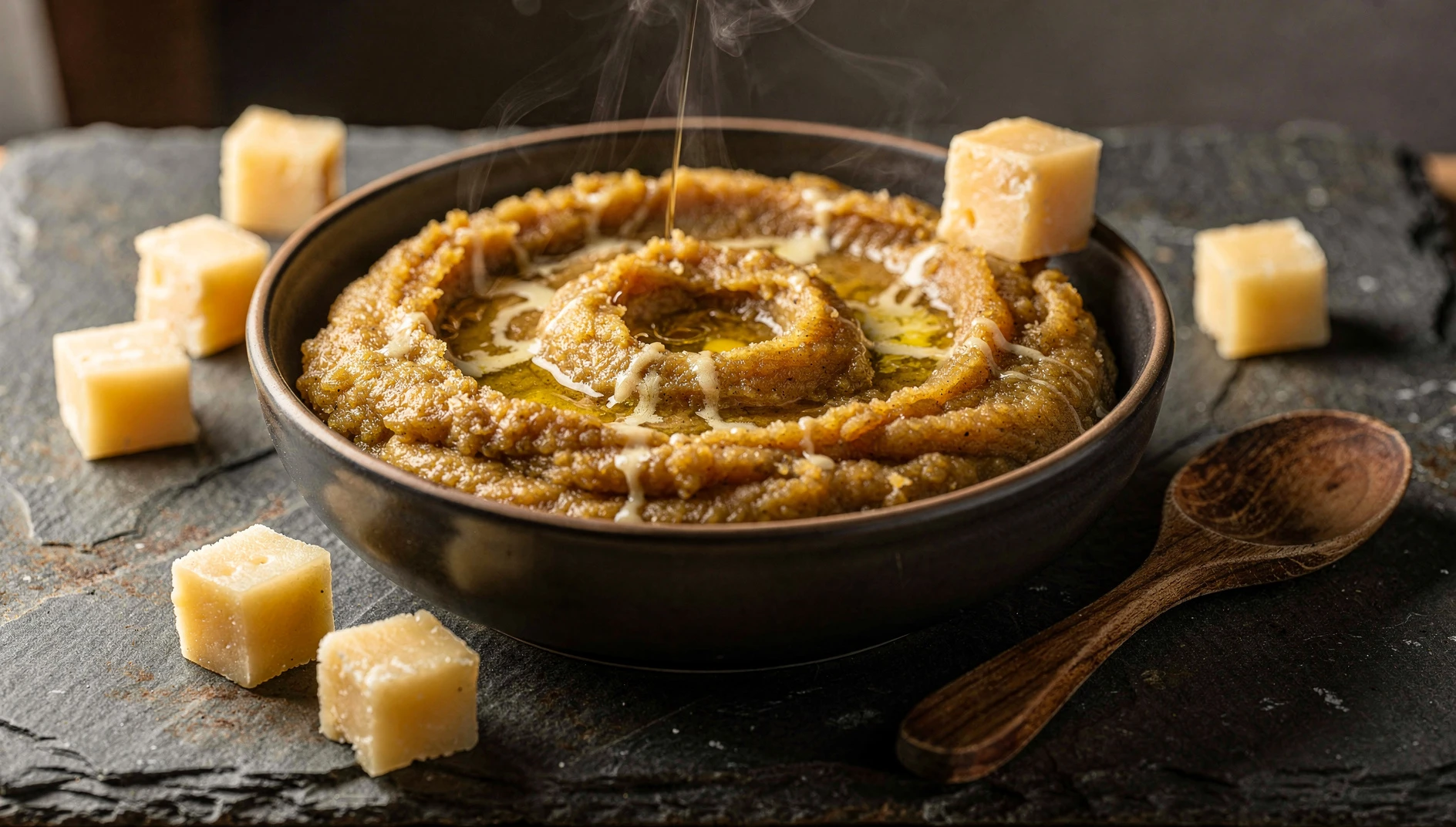 Polenta taragna valtellinese cremosa con queso fundido servida en un cuenco de cerámica rústica