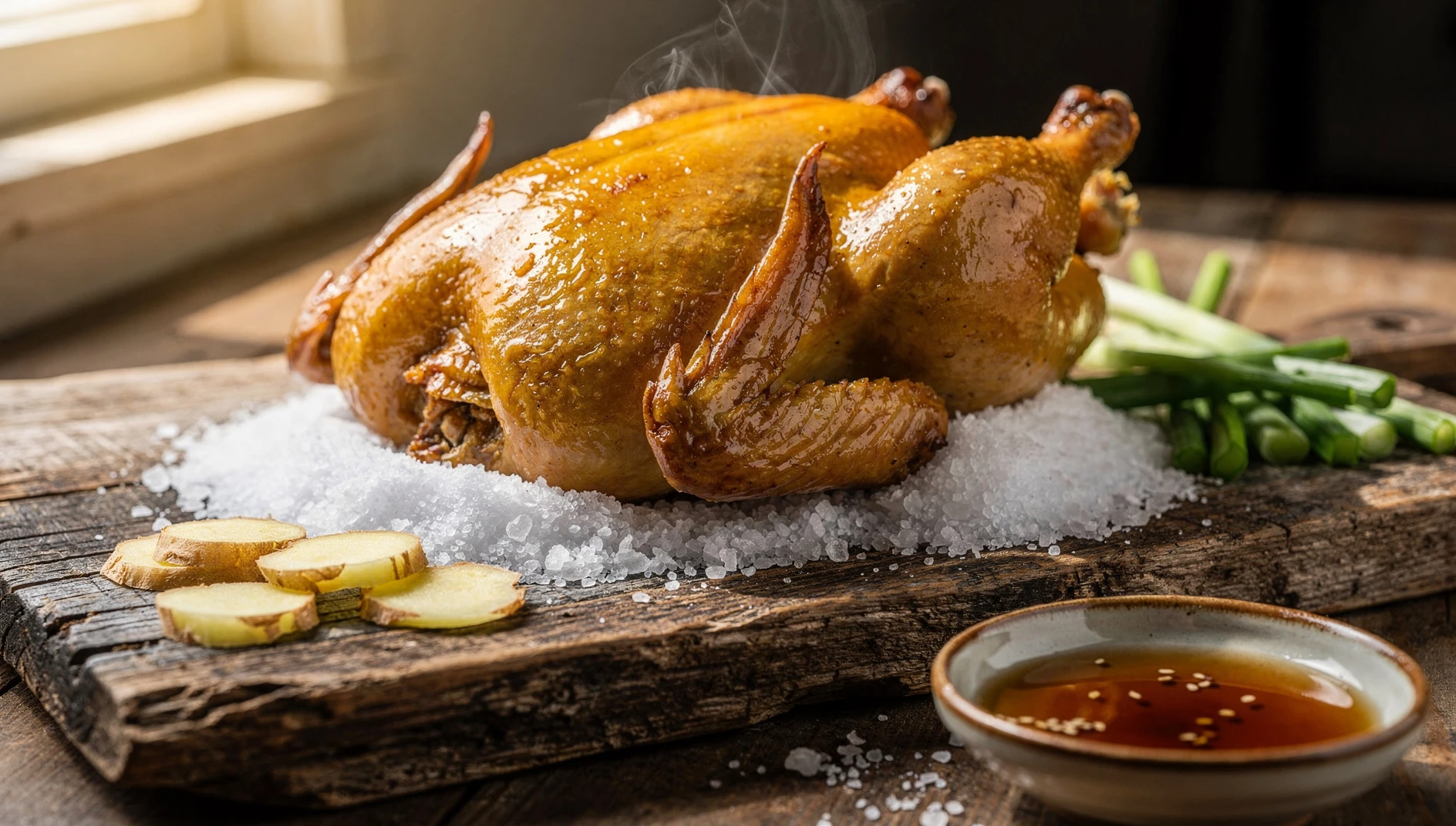 Pollo a la sal estilo Hakka entero sobre tabla de madera con sal gruesa, jengibre y cebolletas