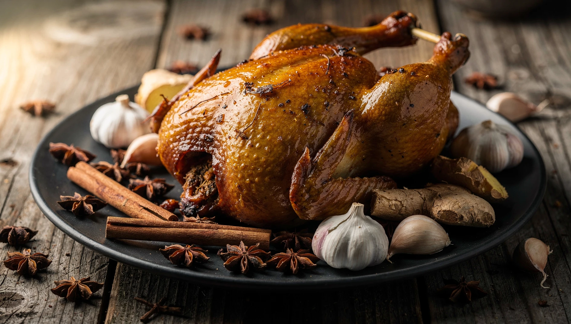 Pollo asado de Daokou entero con piel dorada sobre plato de cerámica oscura rodeado de especias chinas
