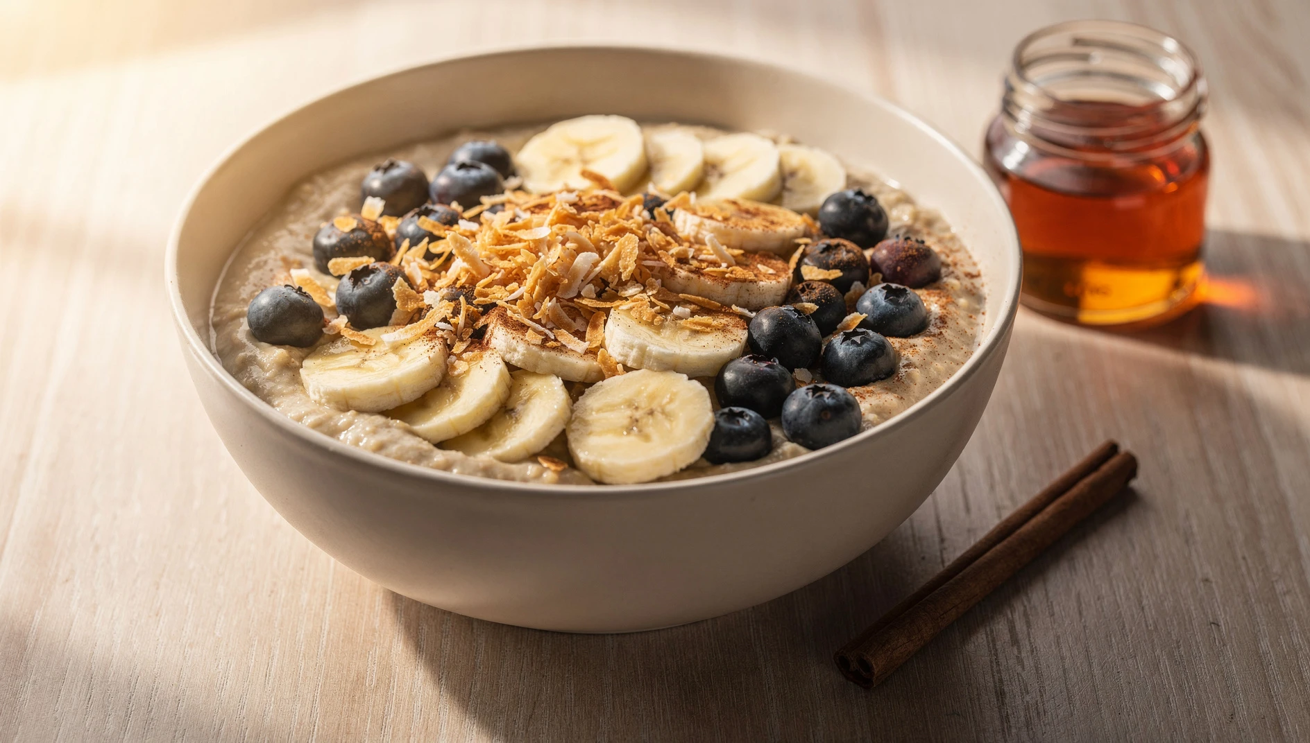 Bol de porridge vegano con leche de coco y canela decorado con plátano, arándanos y coco rallado