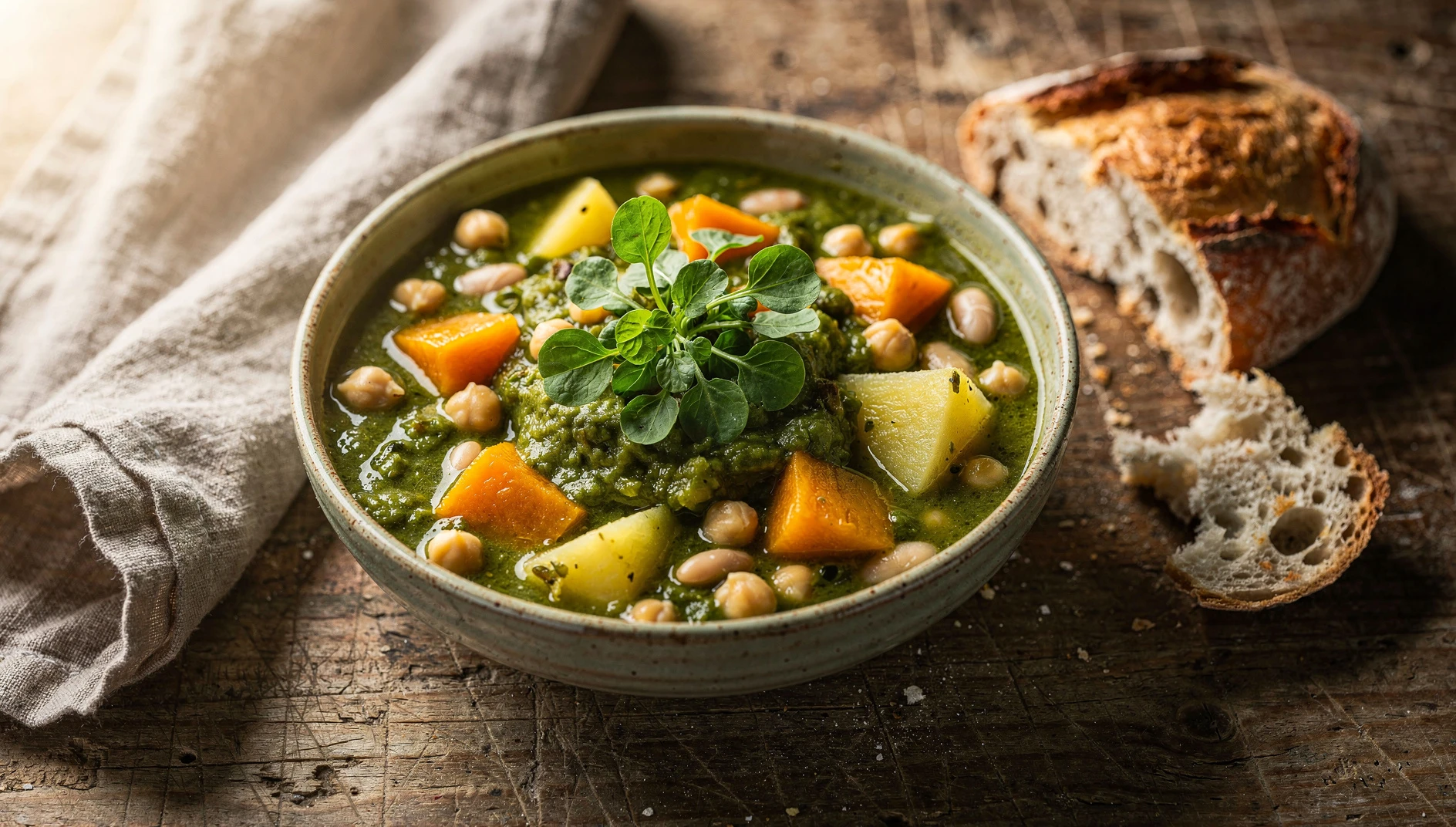 Bol de potaje de berros canario con garbanzos, calabaza y hojas de berros frescos sobre mesa de madera