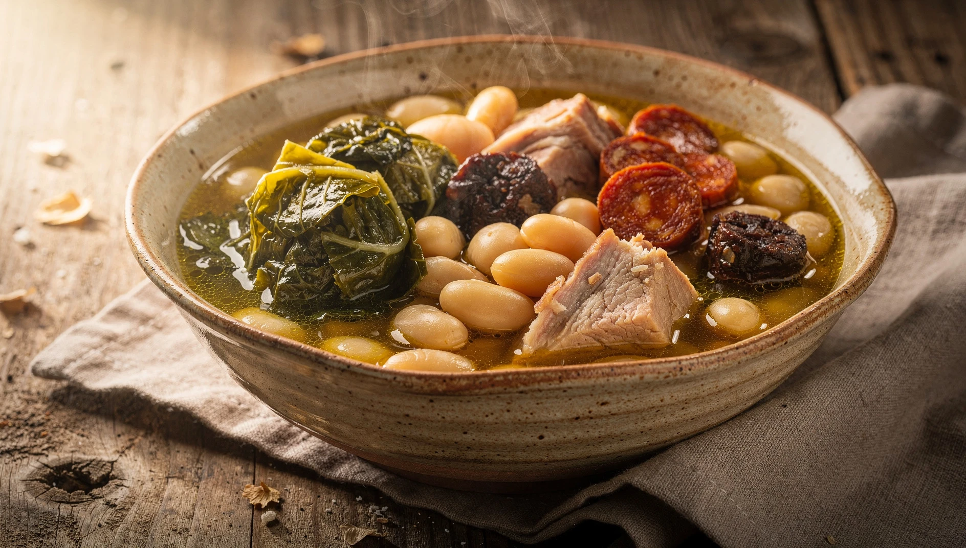 Pote asturiano tradicional servido en cazuela de barro con fabes, berza, chorizo y lacón