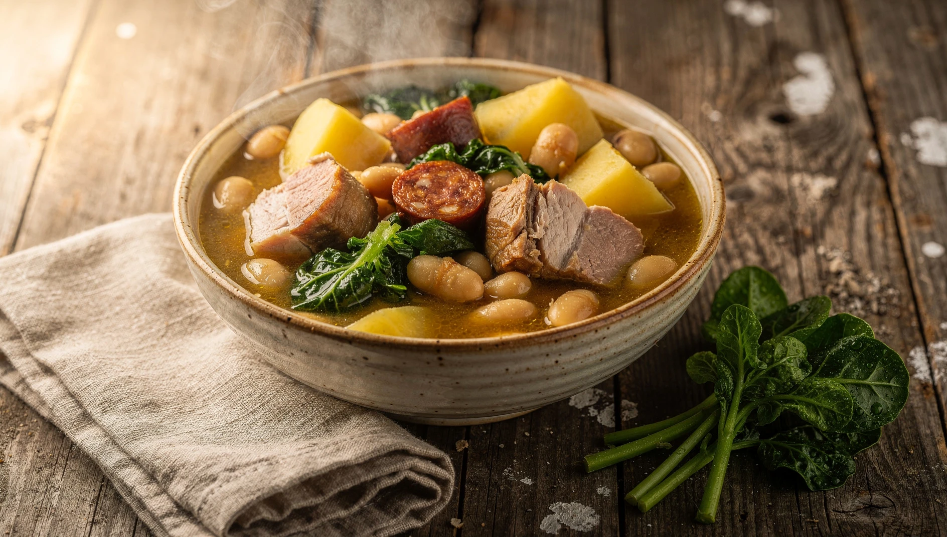 Bol de barro con pote gallego tradicional servido con lacón, chorizo, grelos y patatas en un caldo espeso