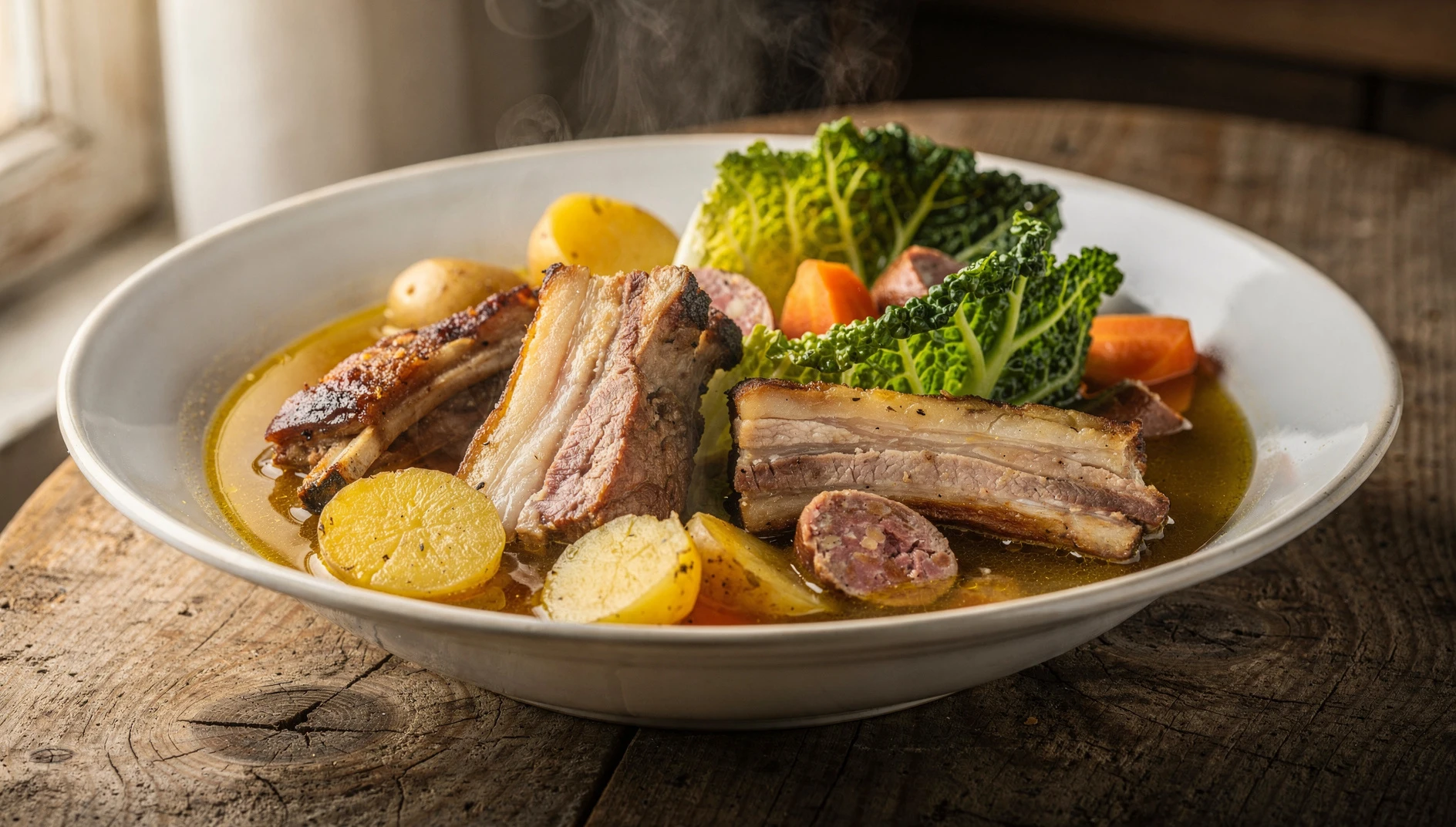 Potée auvergnate en bol de cerámica con col, cerdo, zanahorias y papas en caldo