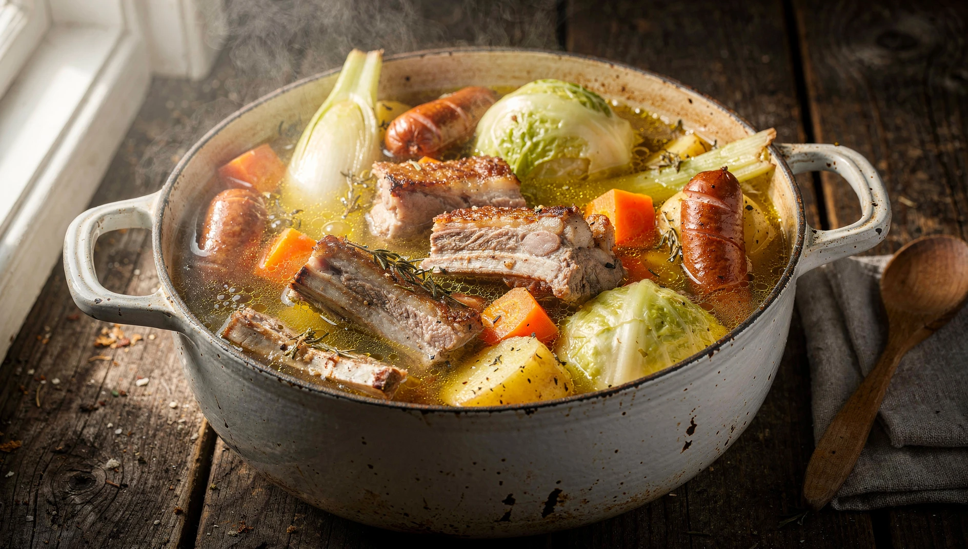 Potée limousine con costillas de cerdo, salchichas ahumadas, col y verduras en una olla de barro rústica