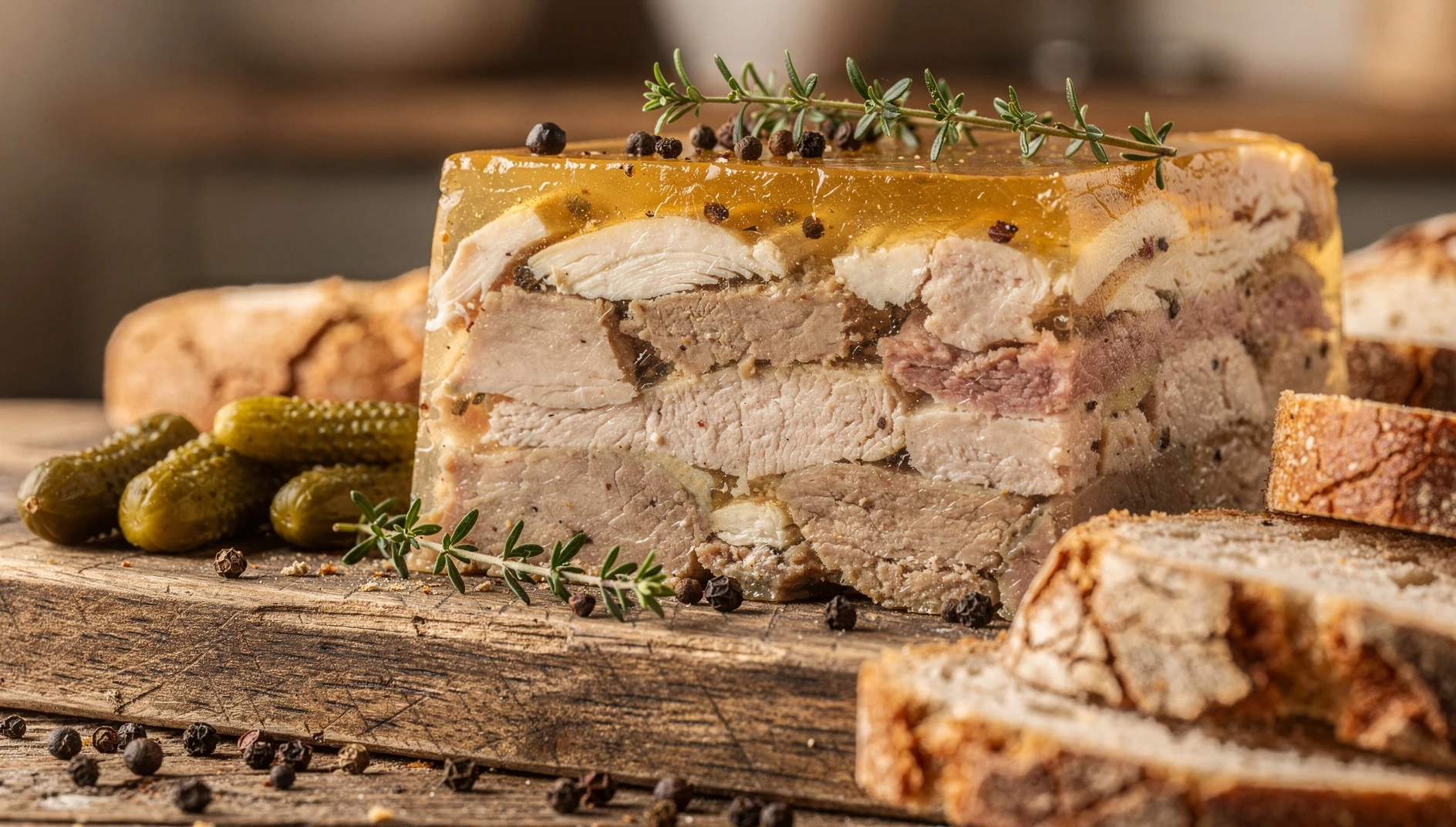 Terrina de Potjevleesch cortada en rebanadas, con capas de carnes en gelatina dorada y aromáticas hierbas frescas