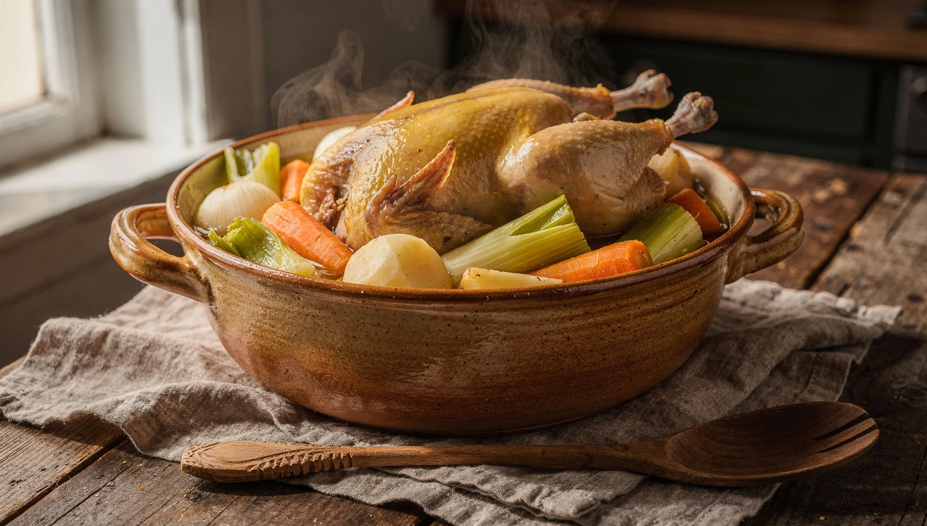 Olla de barro con poule au pot rodeada de zanahorias, puerros y nabos en caldo dorado