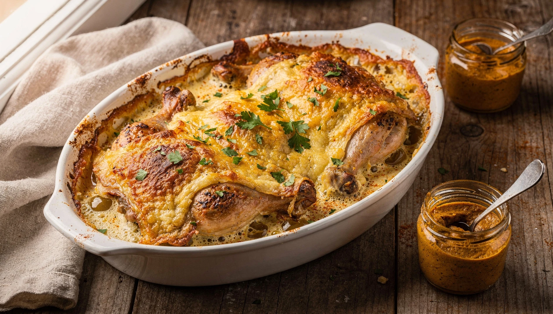 Poulet Gaston Gérard con salsa de mostaza de Dijon, crema y queso Comté gratinado en fuente de horno