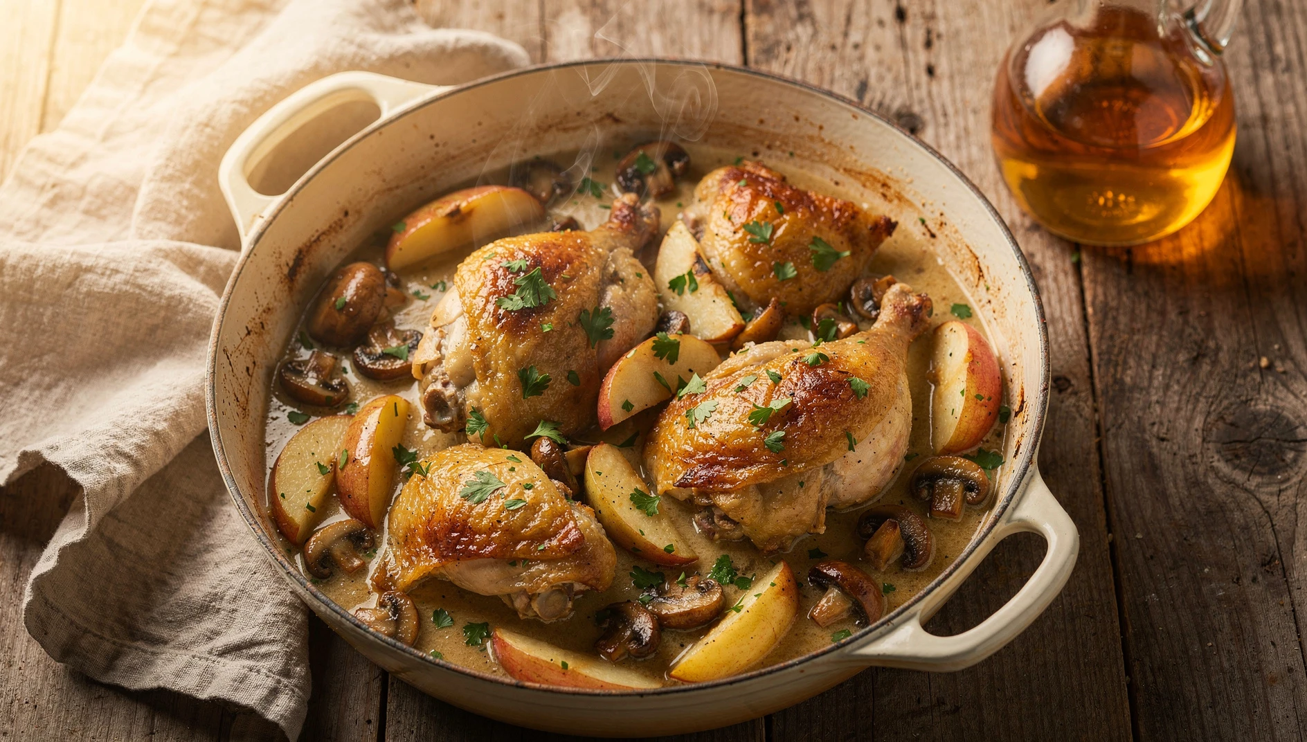 Poulet Vallée d'Auge con manzanas salteadas, champiñones y salsa de crema y calvados servido en cazuela de cerámica
