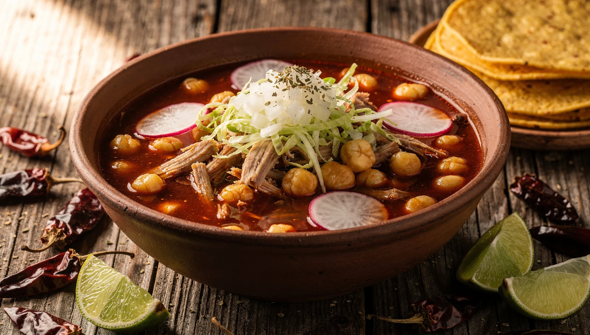 Tazón de pozole rojo estilo Jalisco con maíz cacahuazintle, carne de cerdo deshebrada, rábanos y lechuga picada