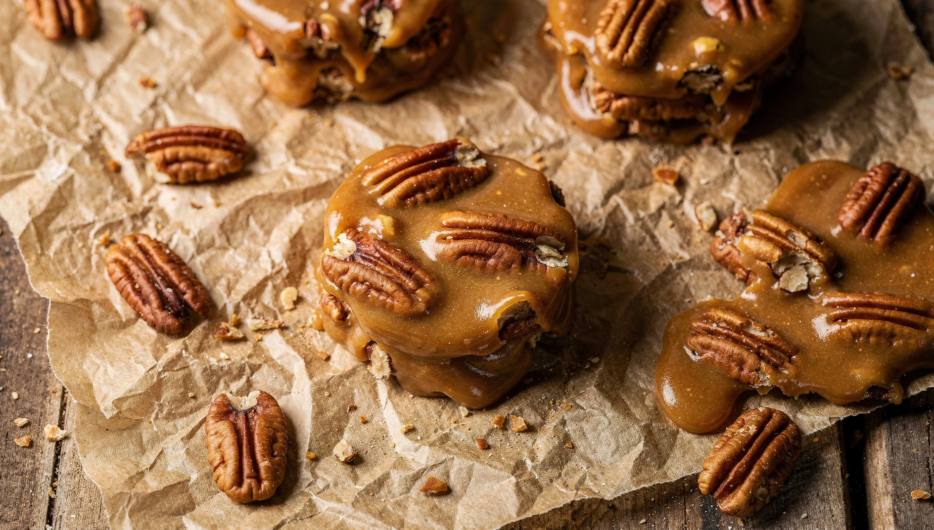 Pralines de pecana de Nueva Orleans caseros sobre papel de horno con nueces tostadas visibles