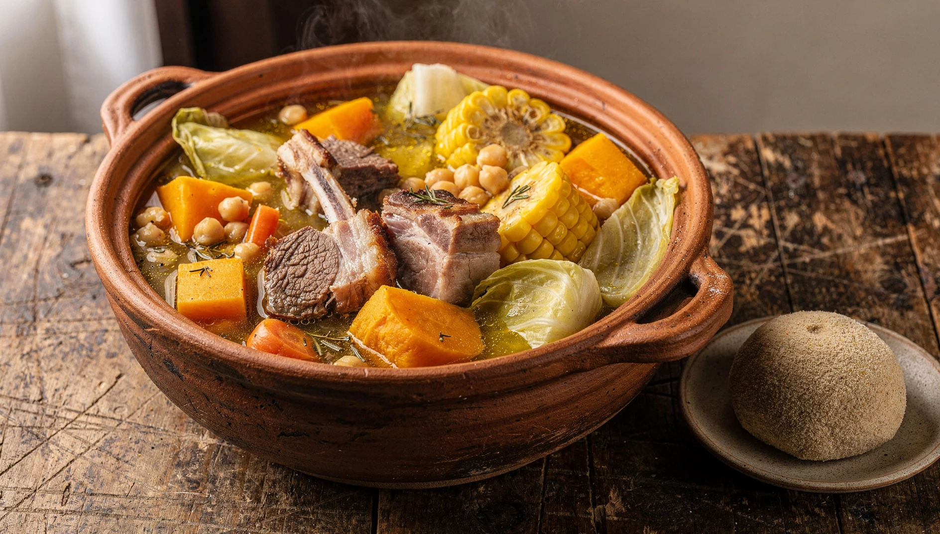 Puchero canario tradicional servido en cazuela de barro con verduras, carnes y pella de gofio