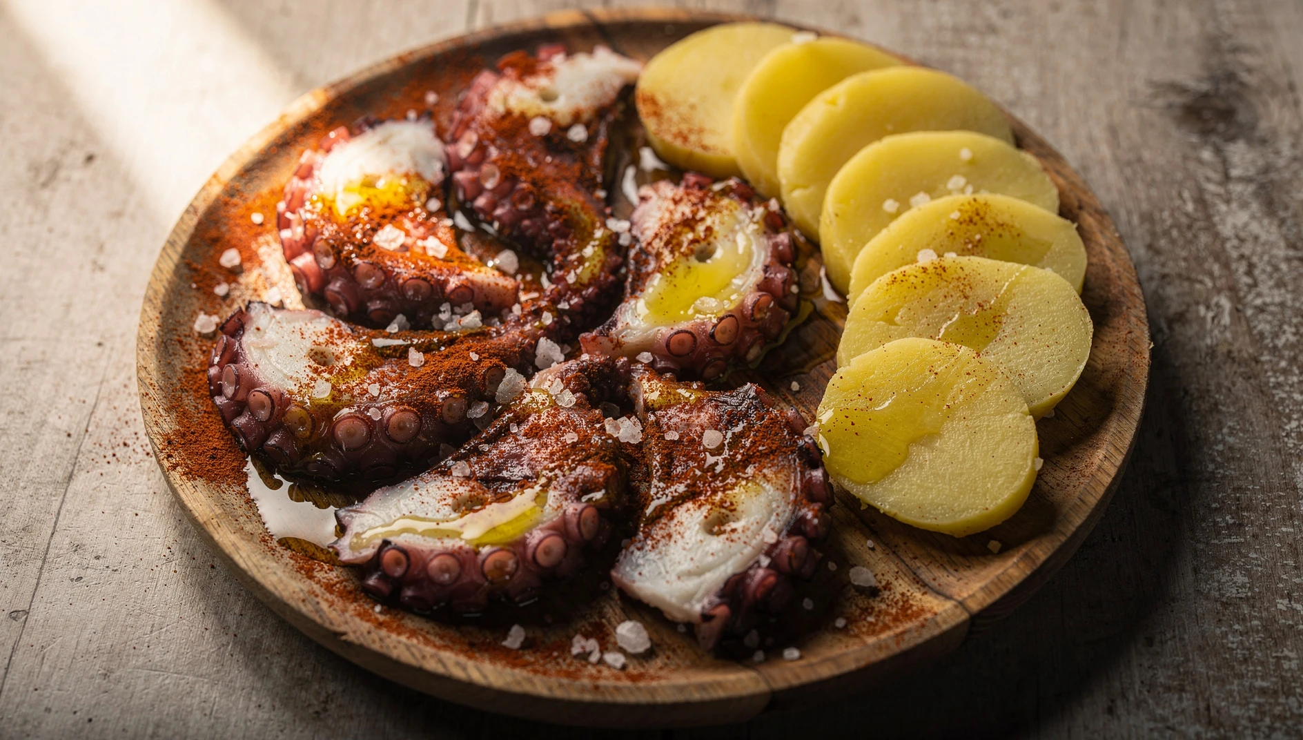 Pulpo a feira servido en plato de madera con pimentón, sal gruesa y aceite de oliva al estilo gallego