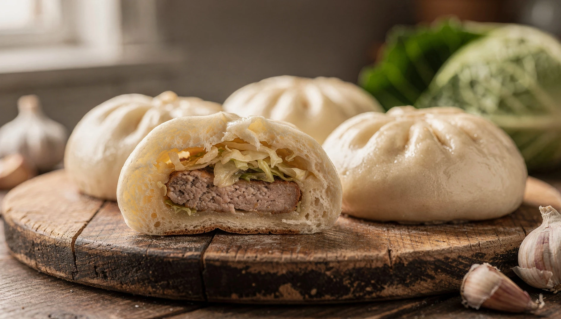 Bollos al vapor pyanse rellenos de carne y repollo sobre tabla de madera rústica