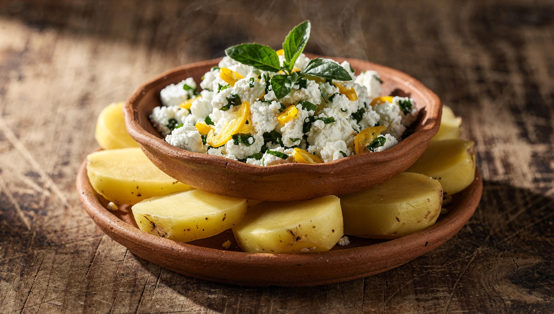 Qapchi ayacuchano servido en bol de barro con queso fresco desmenuzado, huacatay y papas sancochadas