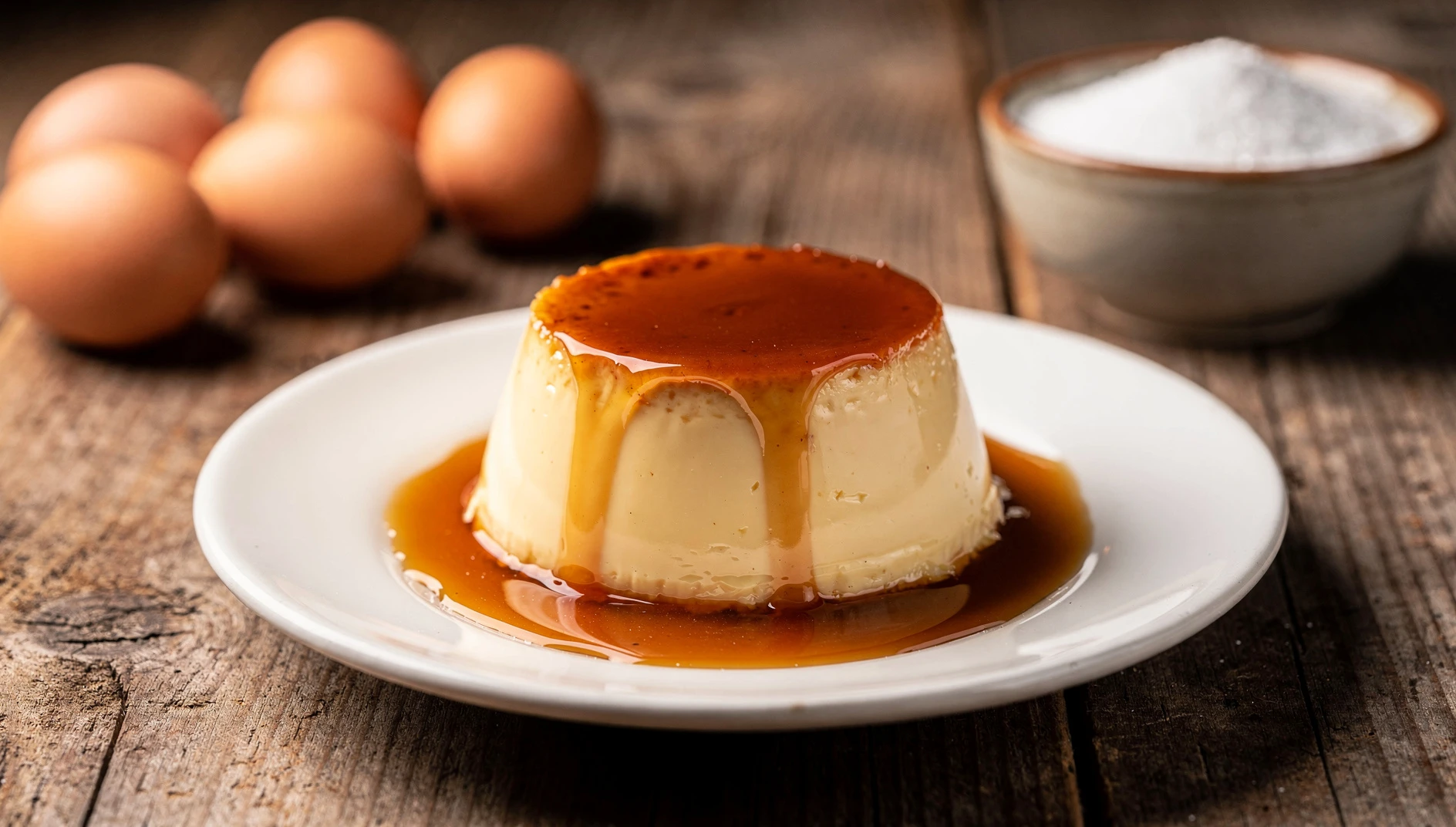 Quesillo canario desmoldado en un plato blanco con caramelo dorado cayendo por los laterales