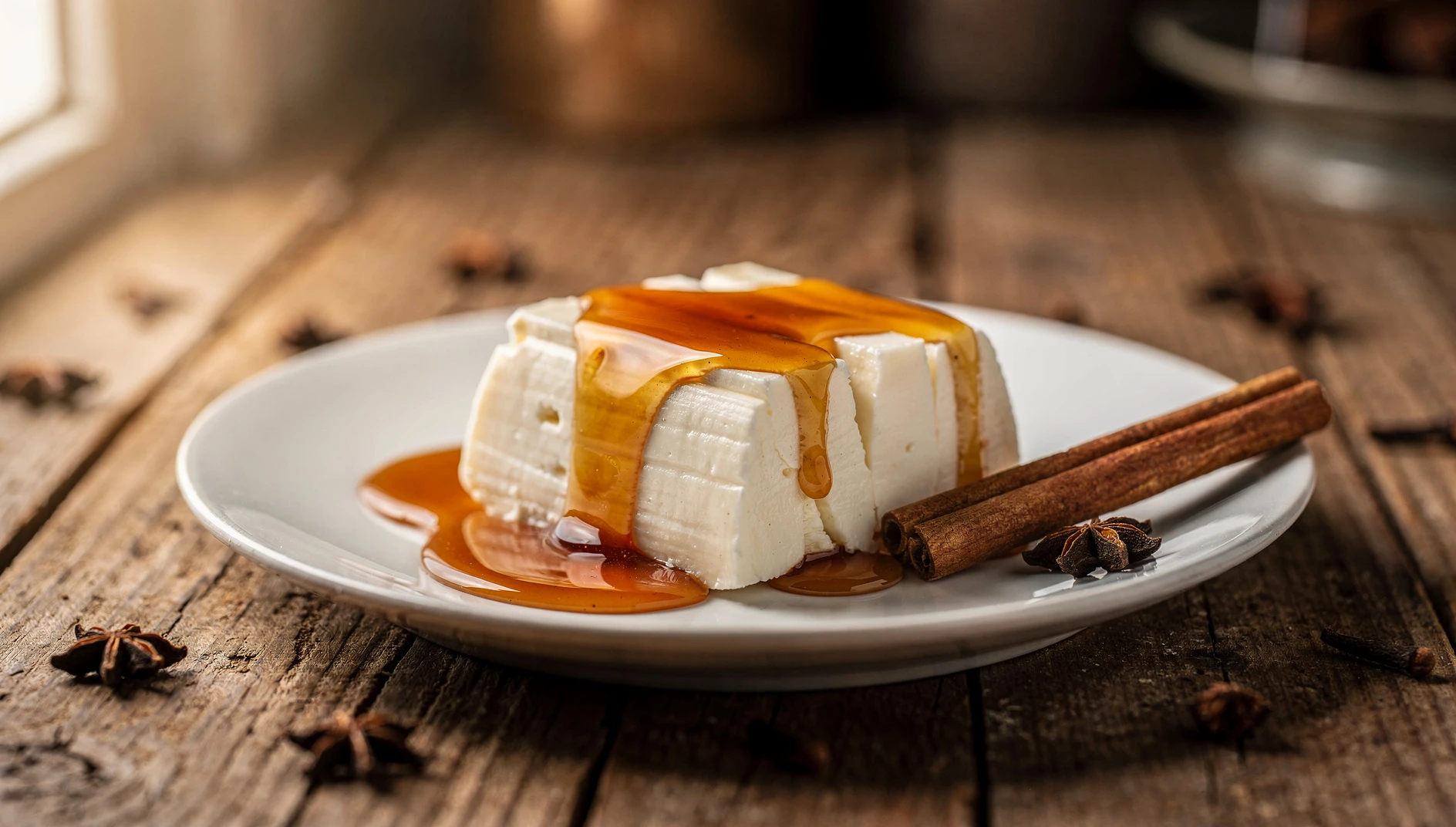 Plato de quesillo fresco bañado con miel de chancaca, postre tradicional de Cajamarca, Perú