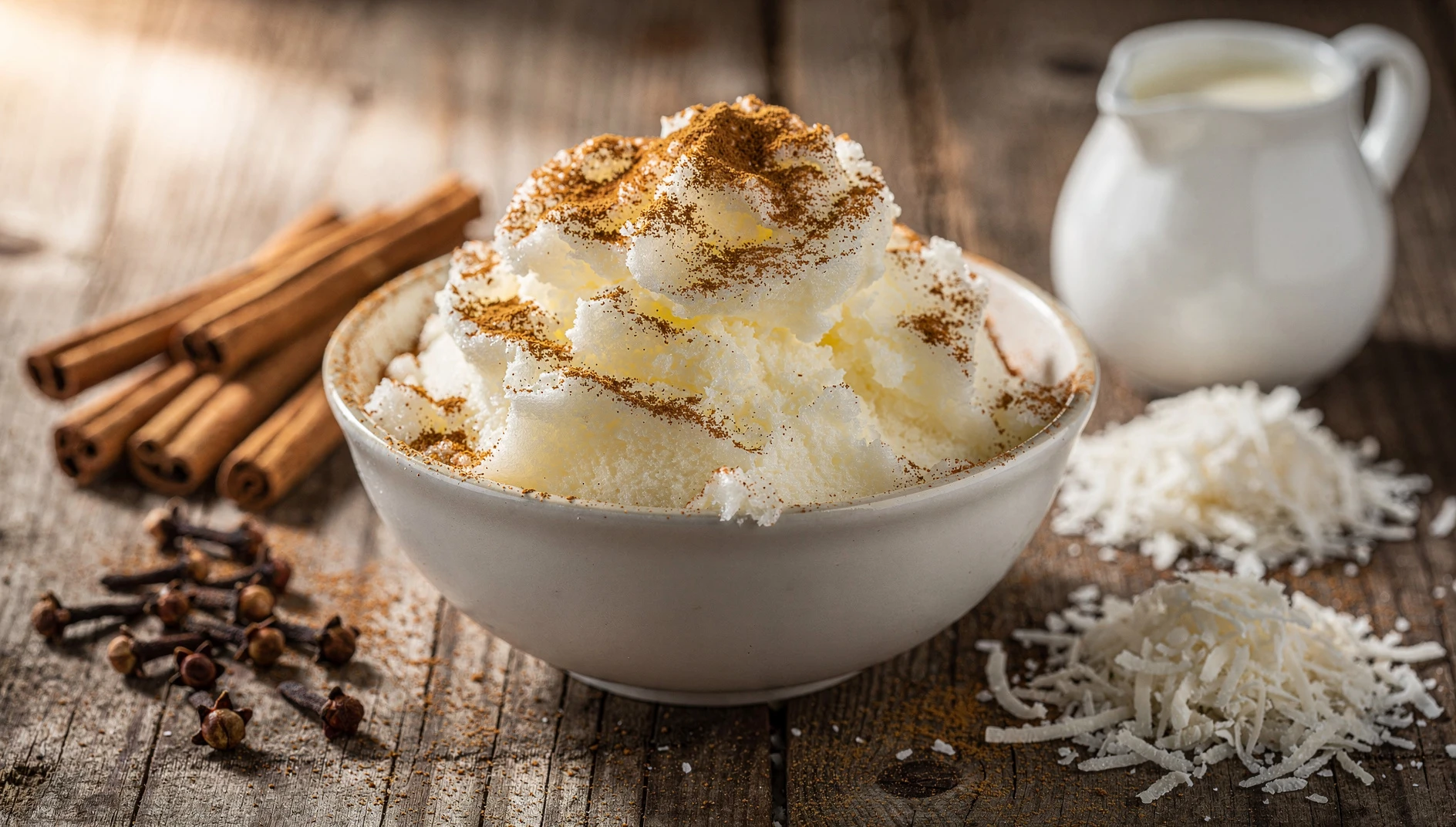 Queso helado arequipeño servido en un tazón blanco con canela en polvo y coco rallado al lado