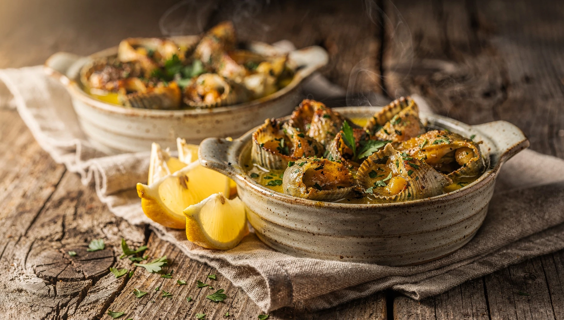 Rapanas al horno en cazuelitas de cerámica con salsa de ajo y mantequilla, decoradas con perejil fresco y limón