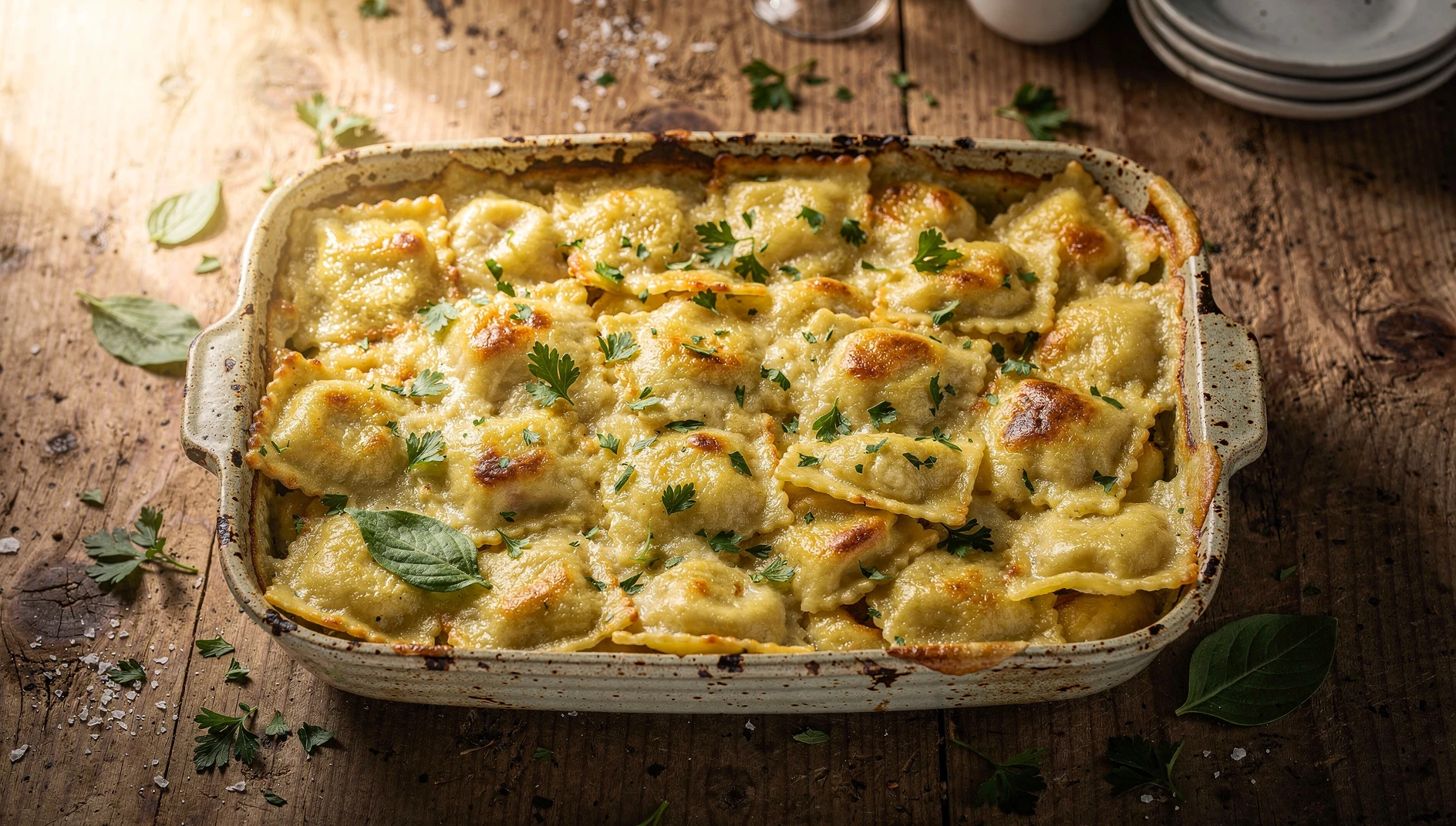 Fuente de ravioles du Dauphiné al gratén recién salidos del horno con queso dorado y salsa de nata