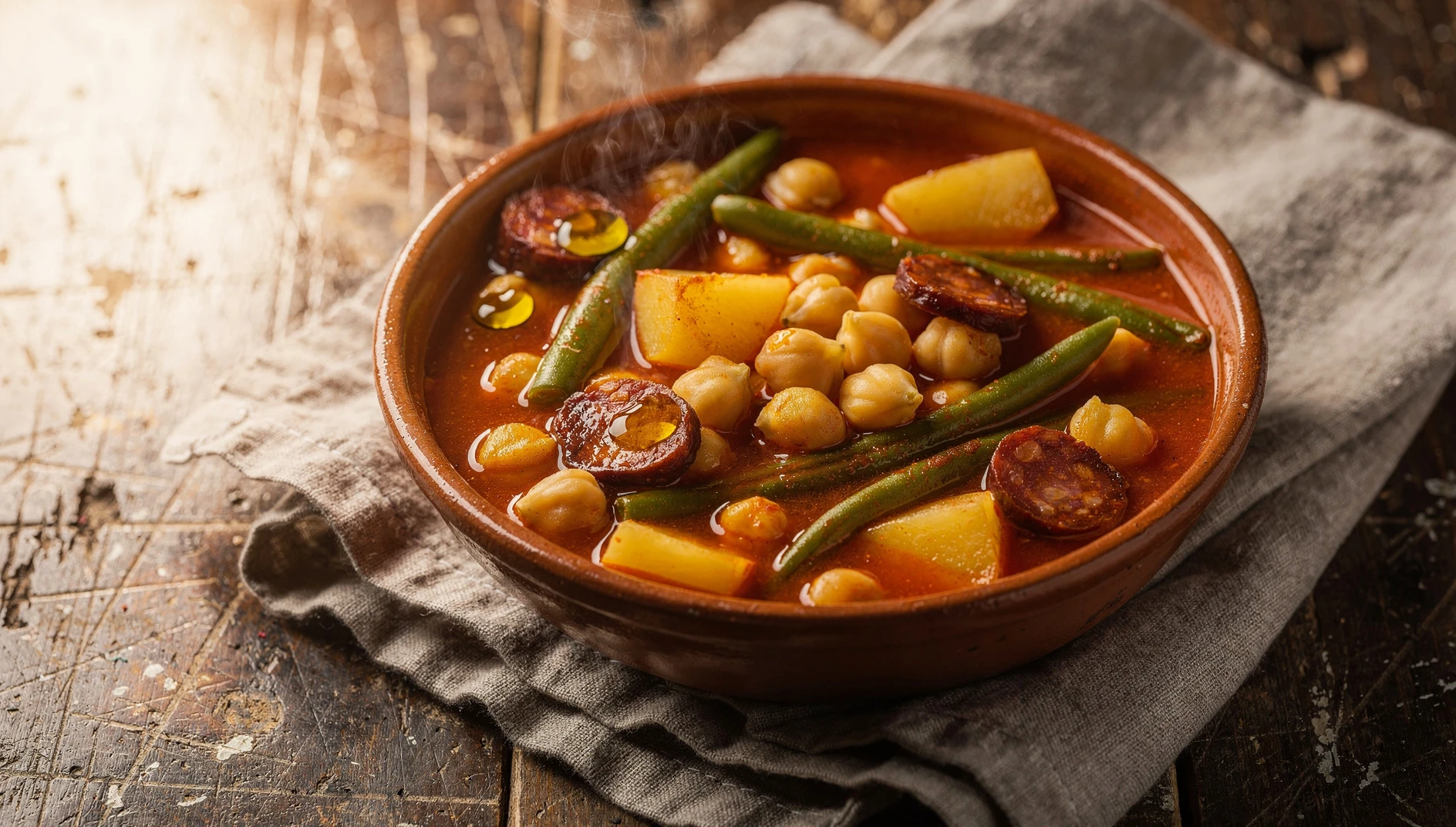 Bol de recao riojano con garbanzos, judías verdes, patatas y chorizo servido en cazuela de barro