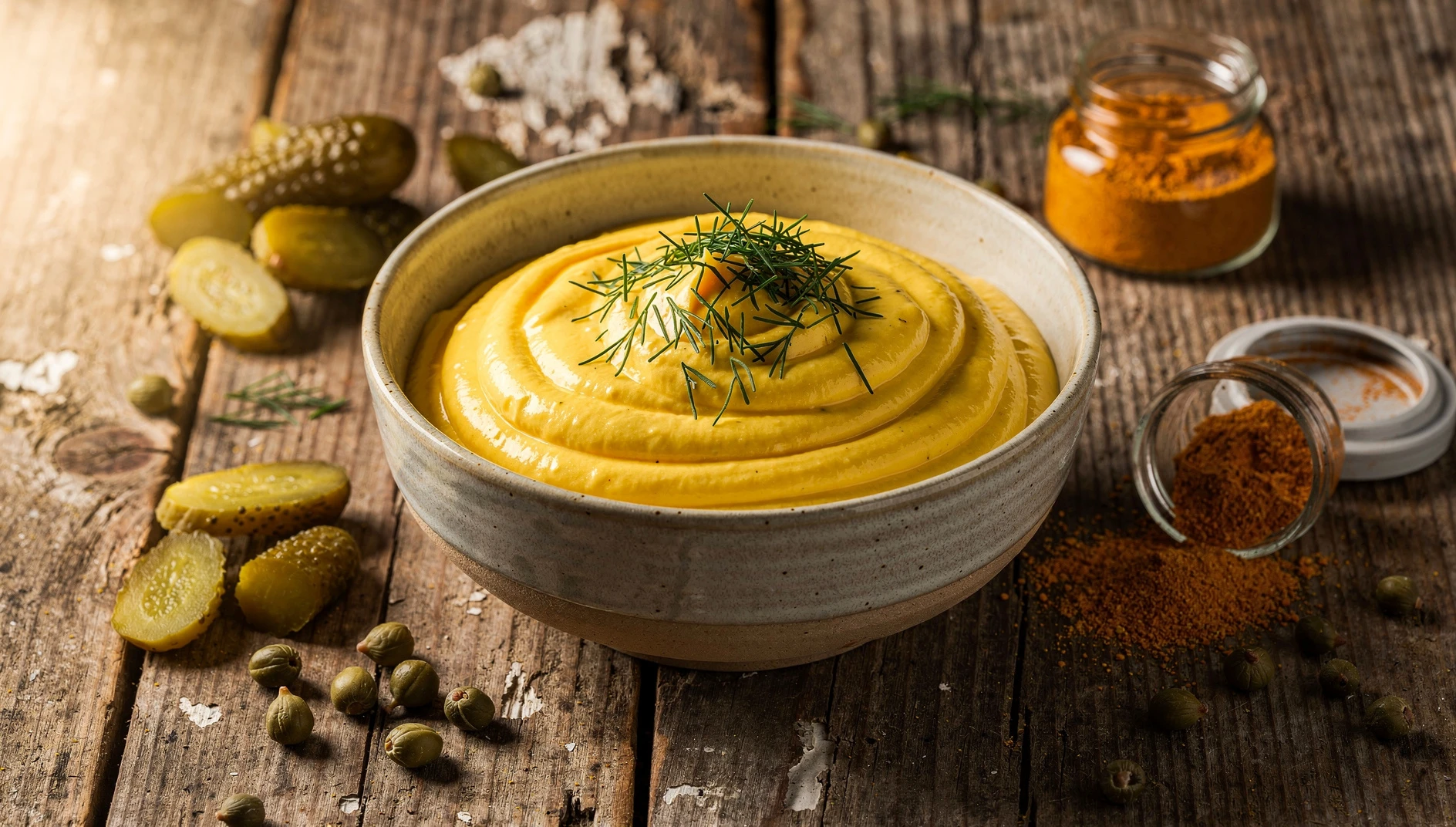 Bol de remoulade danesa casera de color amarillo con pepinillos y alcaparras sobre tabla de madera