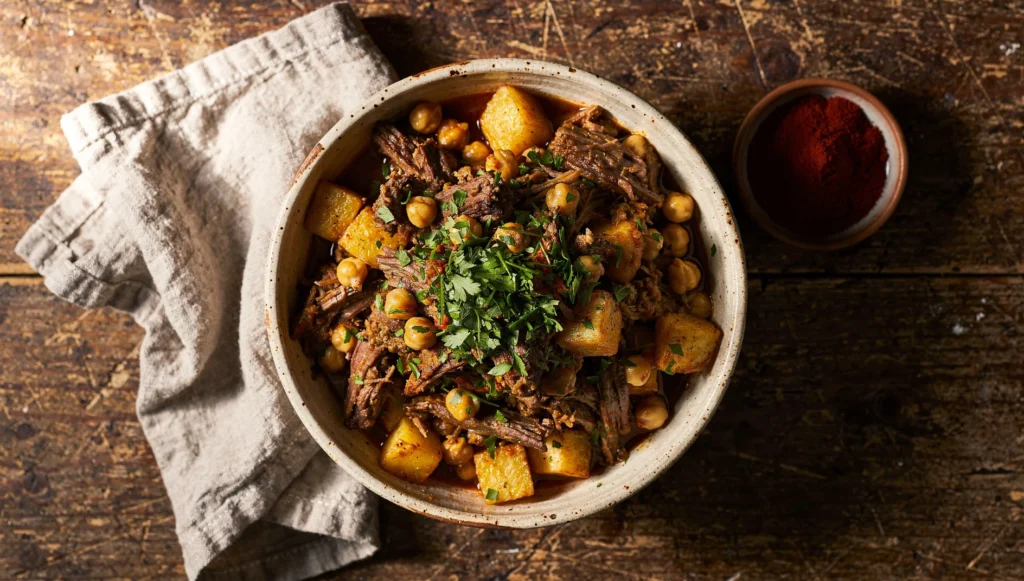 Ropa vieja canaria servida en cazuela de barro con garbanzos, carne deshilachada y patatas fritas