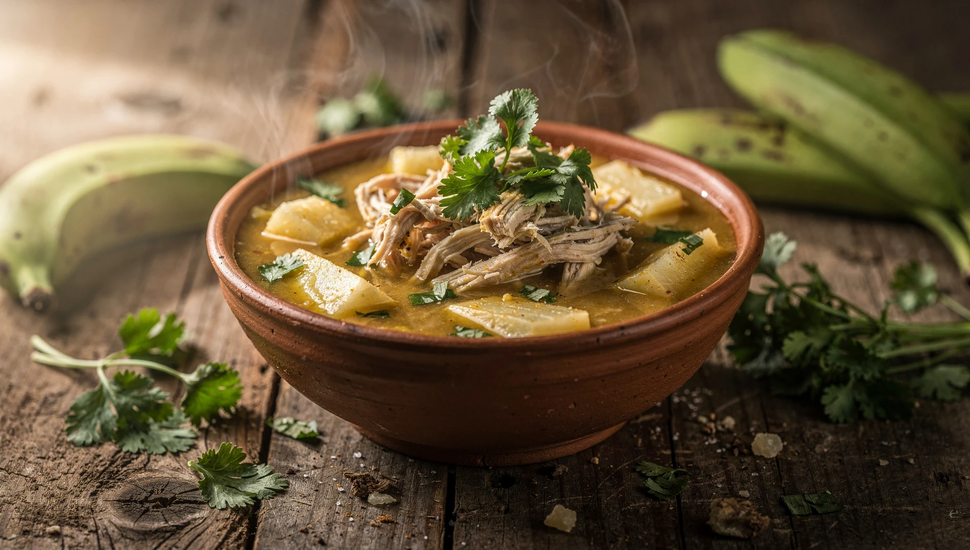 Tazón de rumo api sanmartinense con trozos de yuca, gallina desmechada y culantro fresco servido en mesa de madera rústica