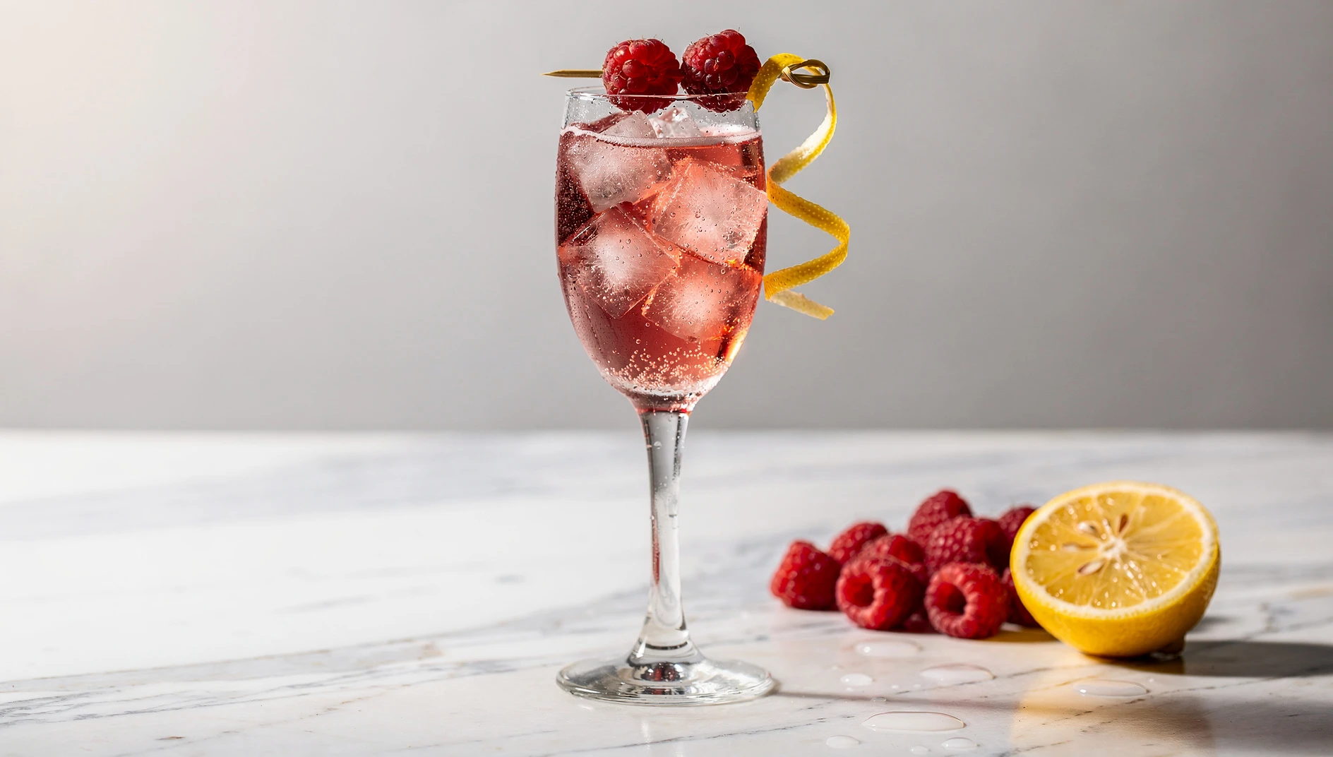 Copa de Russian Spring Punch con frambuesas frescas y twist de limón sobre superficie de mármol