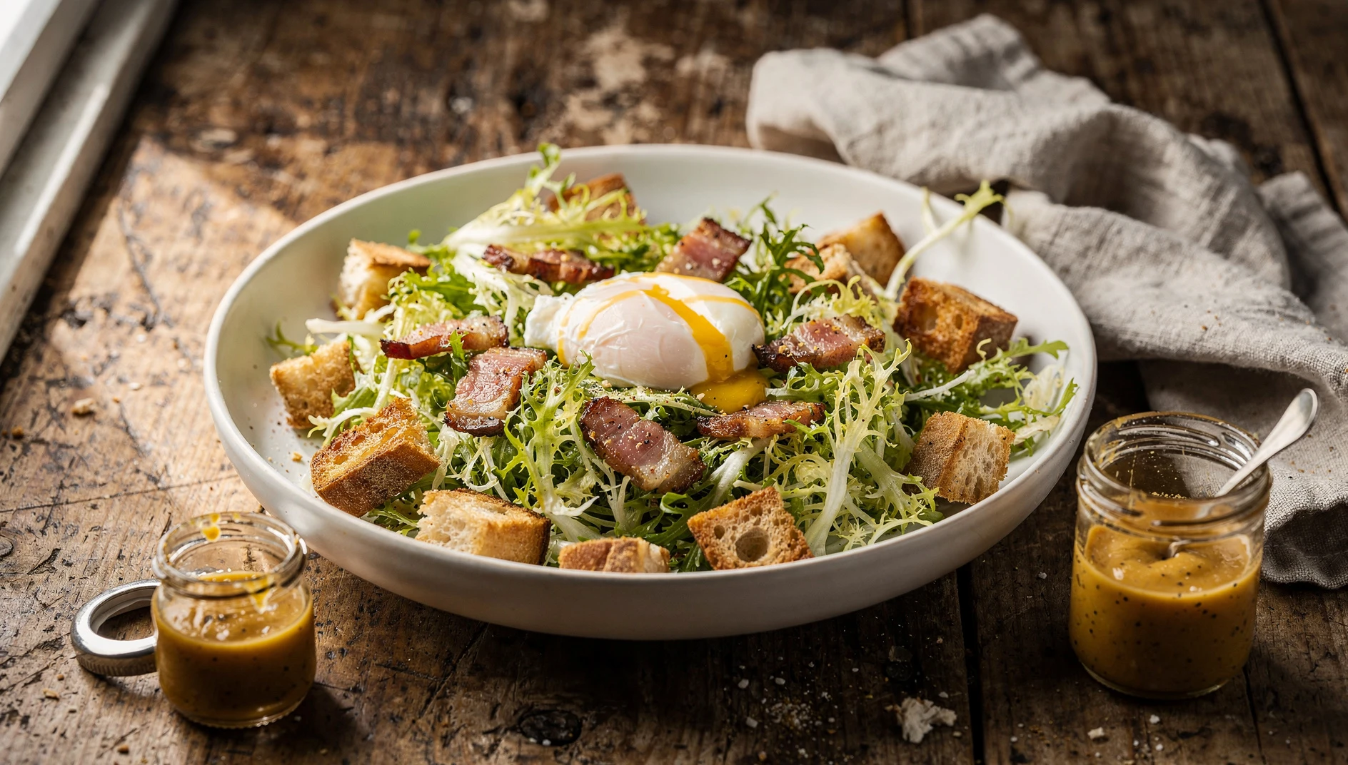 Salade Lyonnaise con huevo poché, lardones crujientes y crutones dorados servida en un cuenco de cerámica blanca