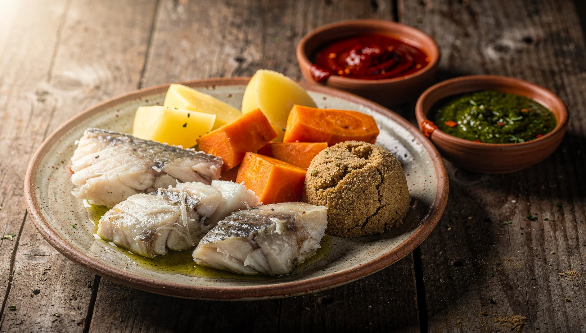 Plato de sancocho canario con pescado desmenuzado, papas cocidas, gofio escaldado y mojo rojo