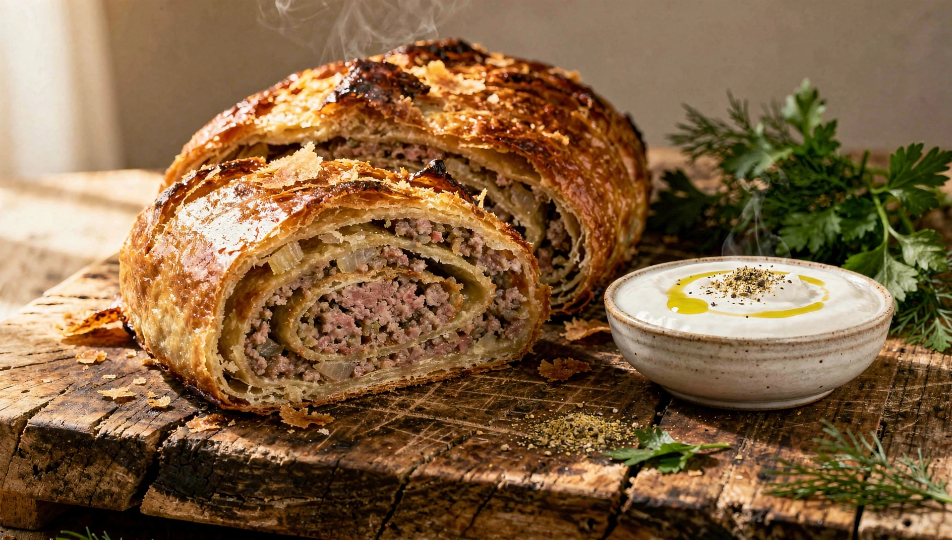 Sarburma crimeotártara en espiral con corteza dorada sobre tabla de madera, acompañada de yogur natural