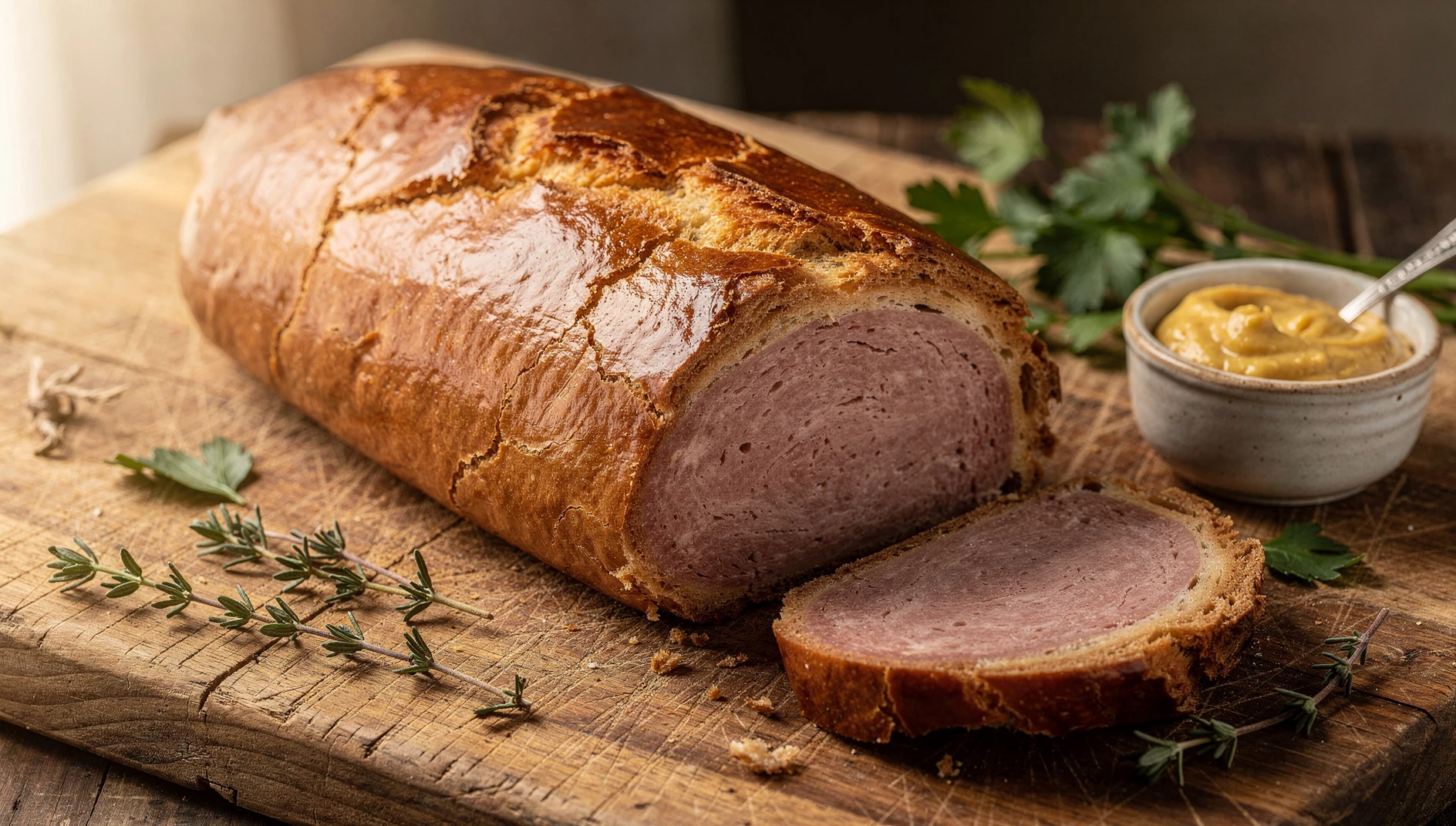 Saucisson brioché lyonnais recién horneado, cortado en rebanadas sobre tabla de madera con hierbas frescas