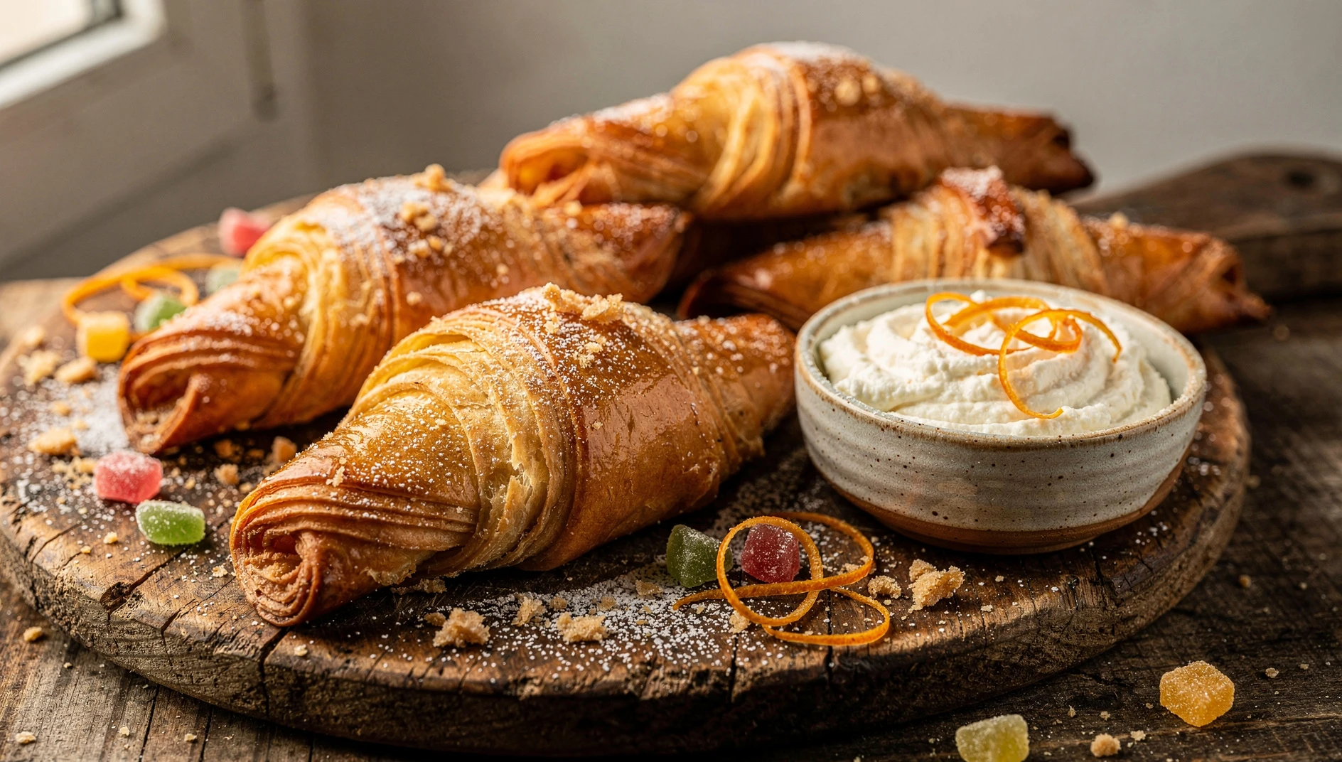 Sfogliatelle ricce napoletanas recién horneadas con su forma de concha y capas crujientes doradas espolvoreadas de azúcar glas