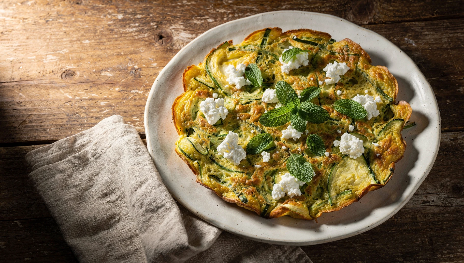 Sfougato griego de calabacín y queso feta servido en un plato de cerámica rústica con hojas de menta fresca