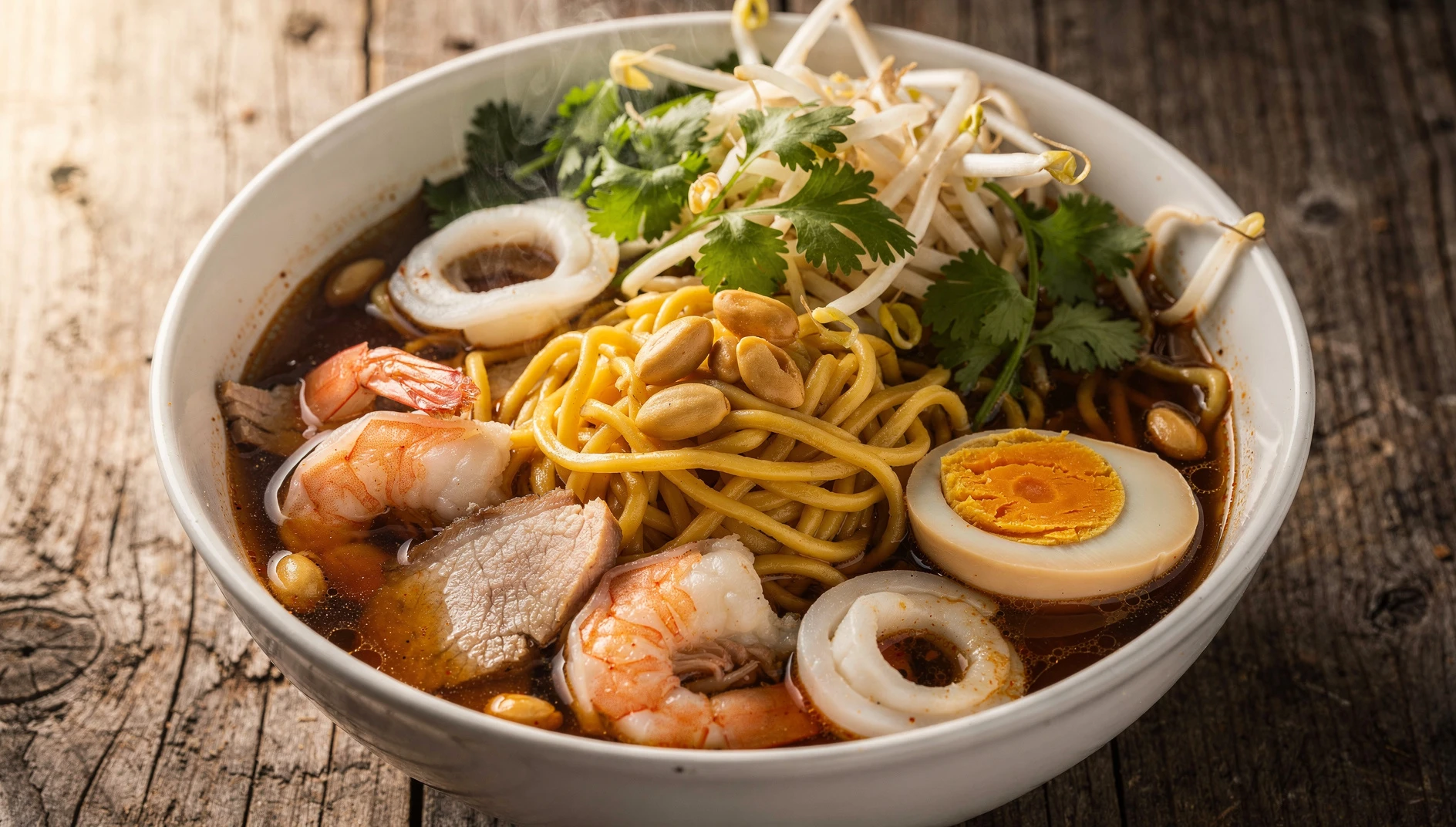 Bol de shacha mian con fideos, gambas, calamar y caldo de salsa shacha al estilo Xiamen