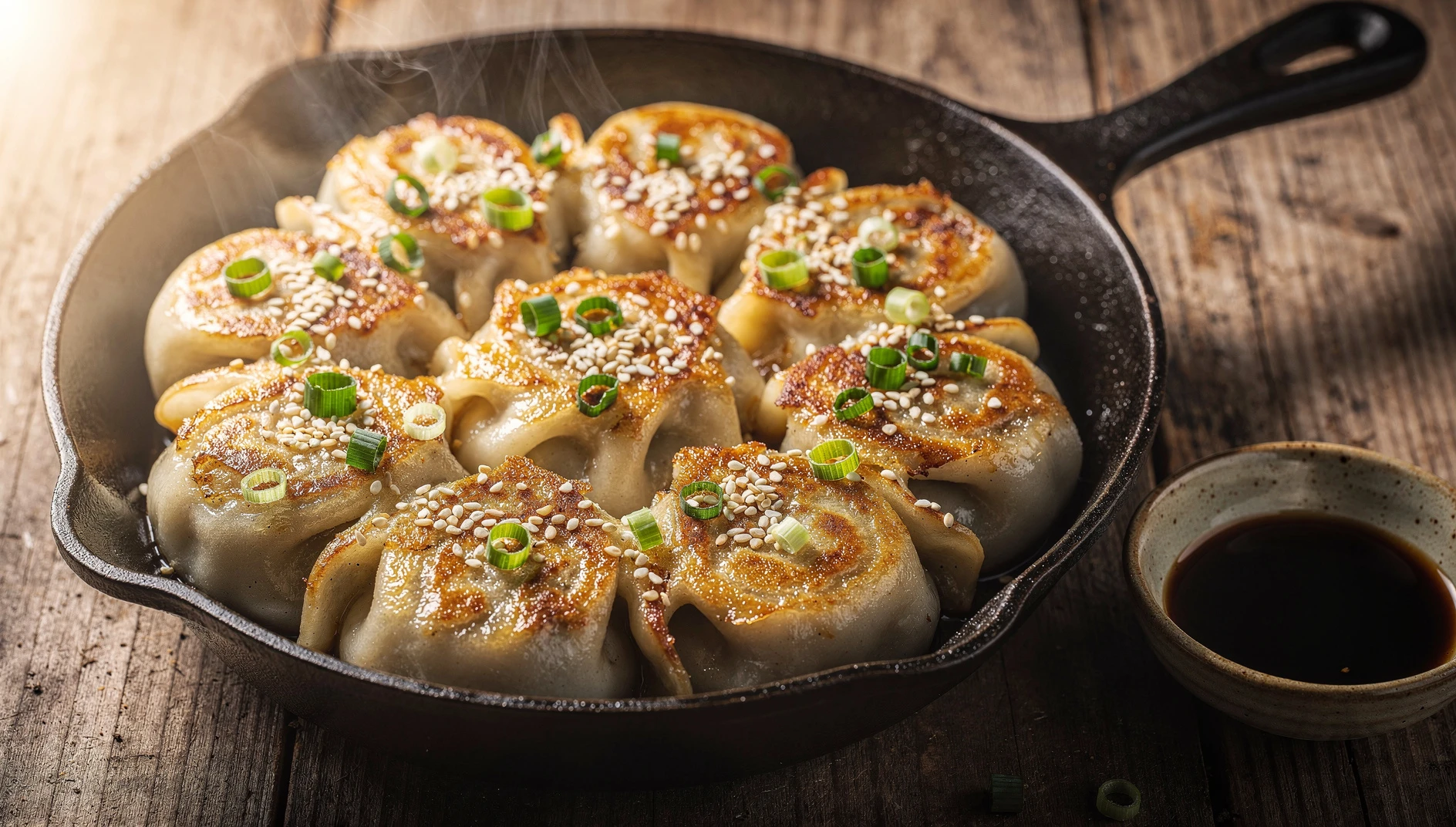 Sheng jian bao recién cocinados en sartén con base dorada, semillas de sésamo y cebolleta picada