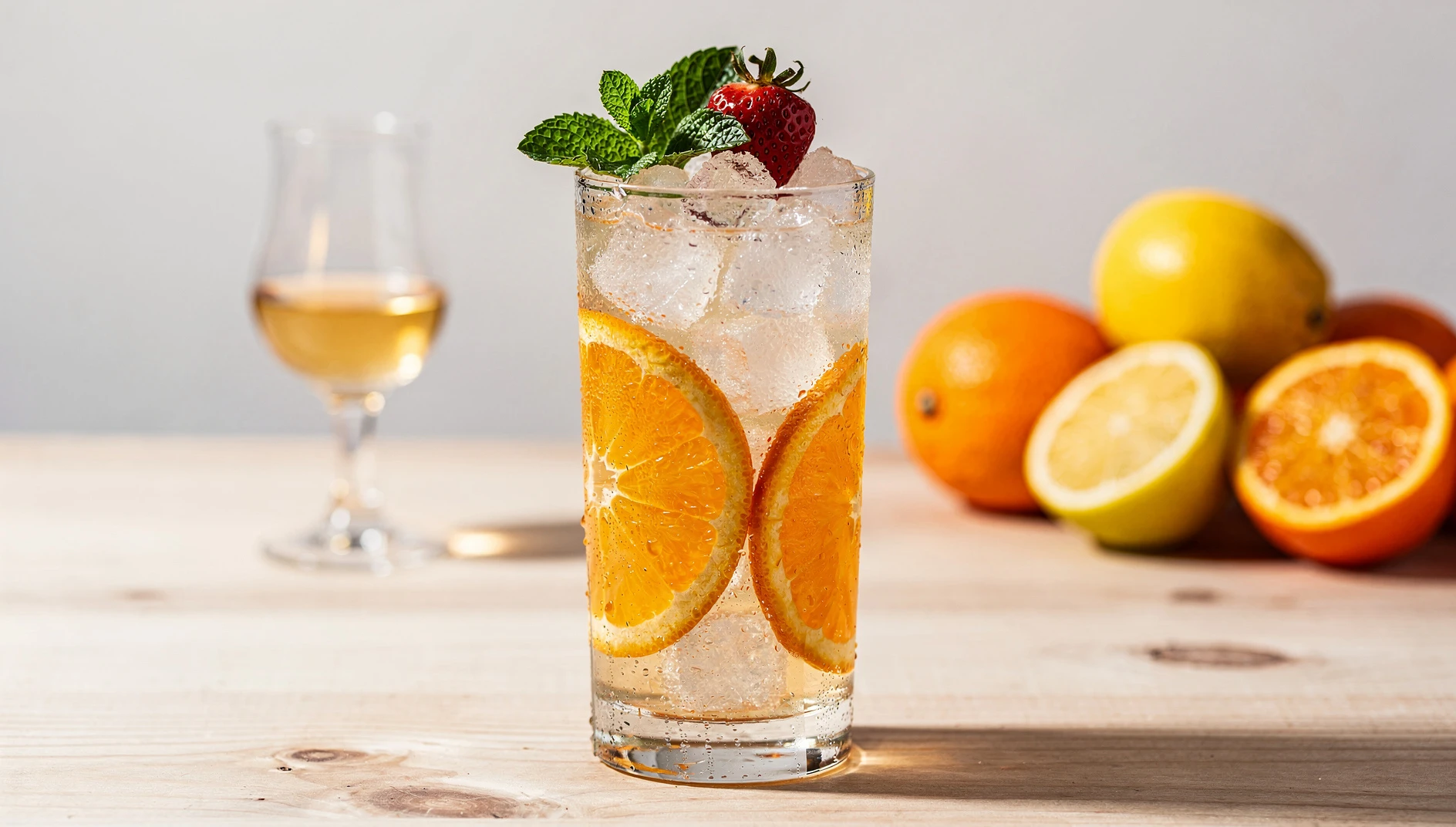 Sherry Cobbler en vaso alto con hielo picado, rodajas de naranja, fresas y hojas de menta fresca