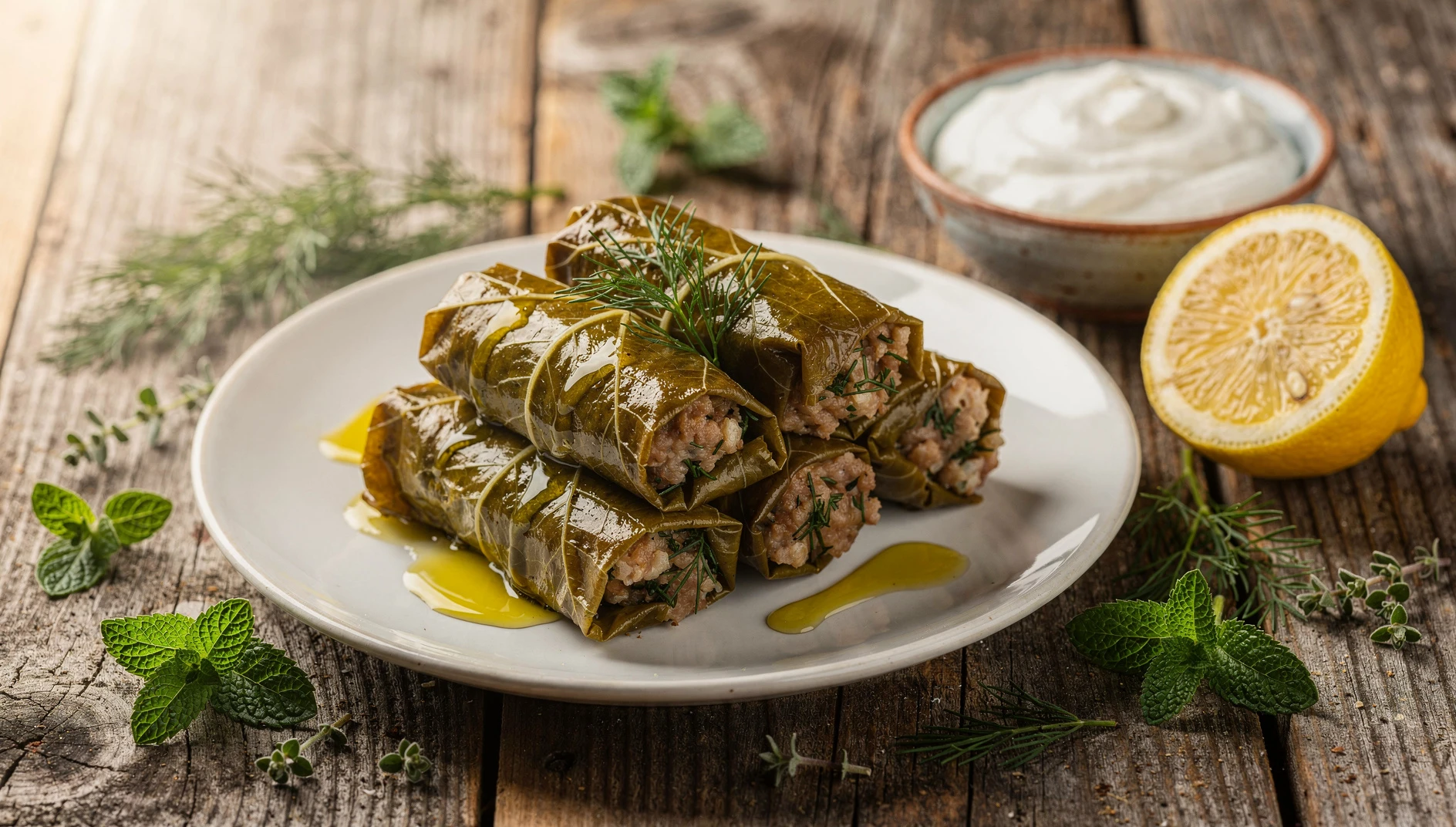 Sogania de Lesbos en plato blanco, dolmades de cebolla rellenos de carne y arroz con hierbas frescas