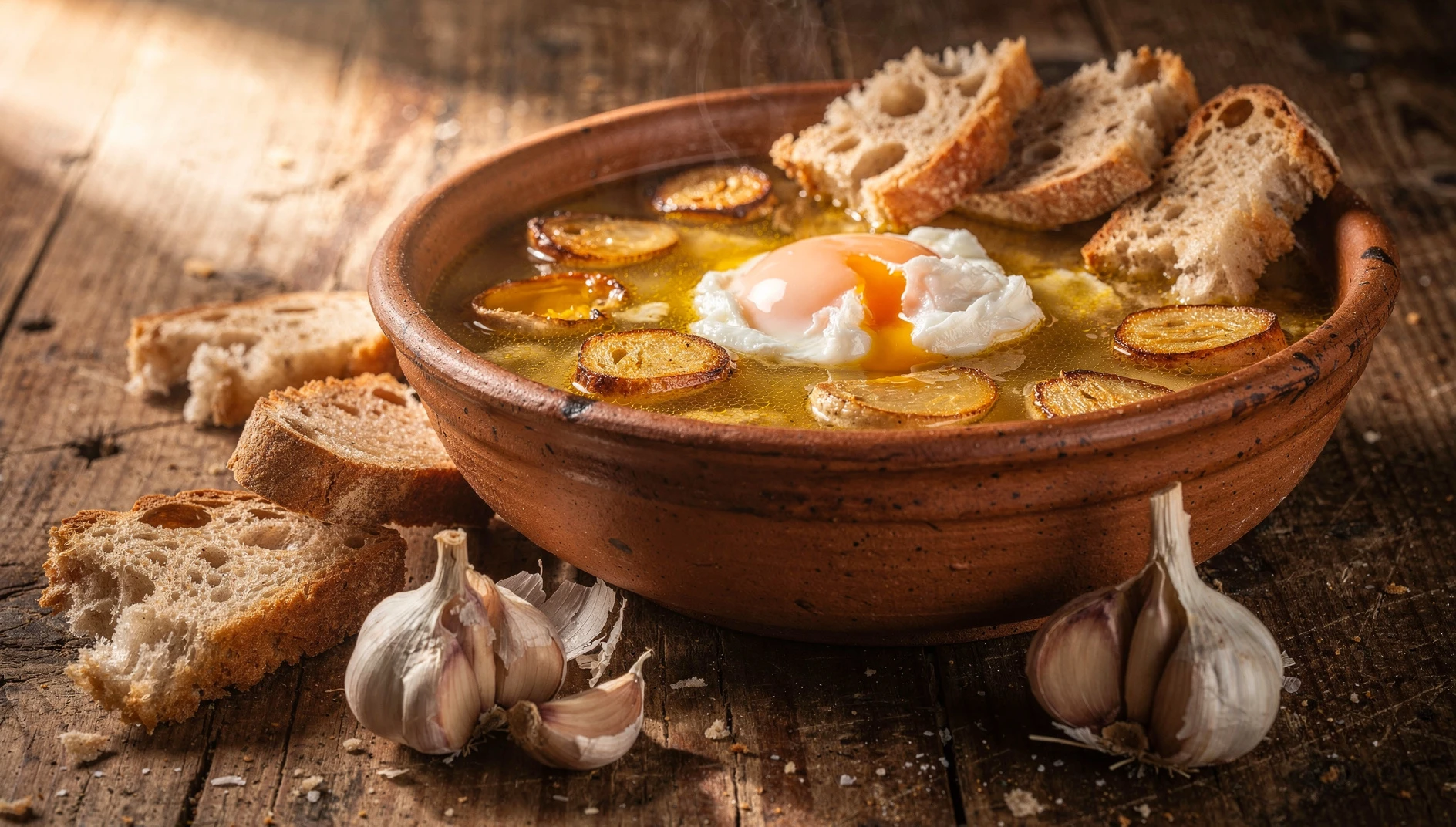 Cuenco de barro con sopa de ajo castellana tradicional con huevo escalfado y rebanadas de pan
