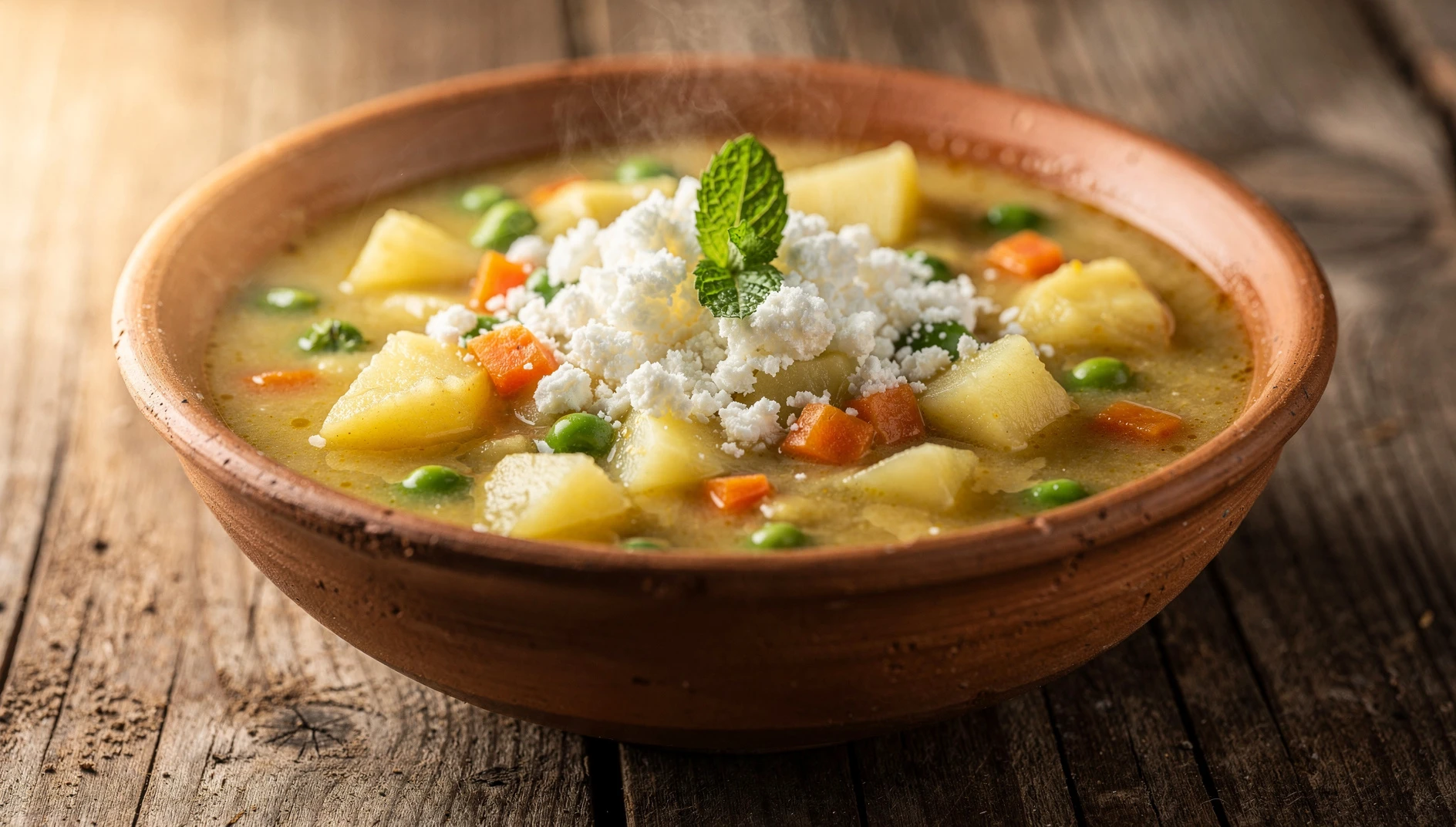 Tazón de sopa de chochoca cajamarquina con papa, arvejas y queso fresco desmenuzado encima