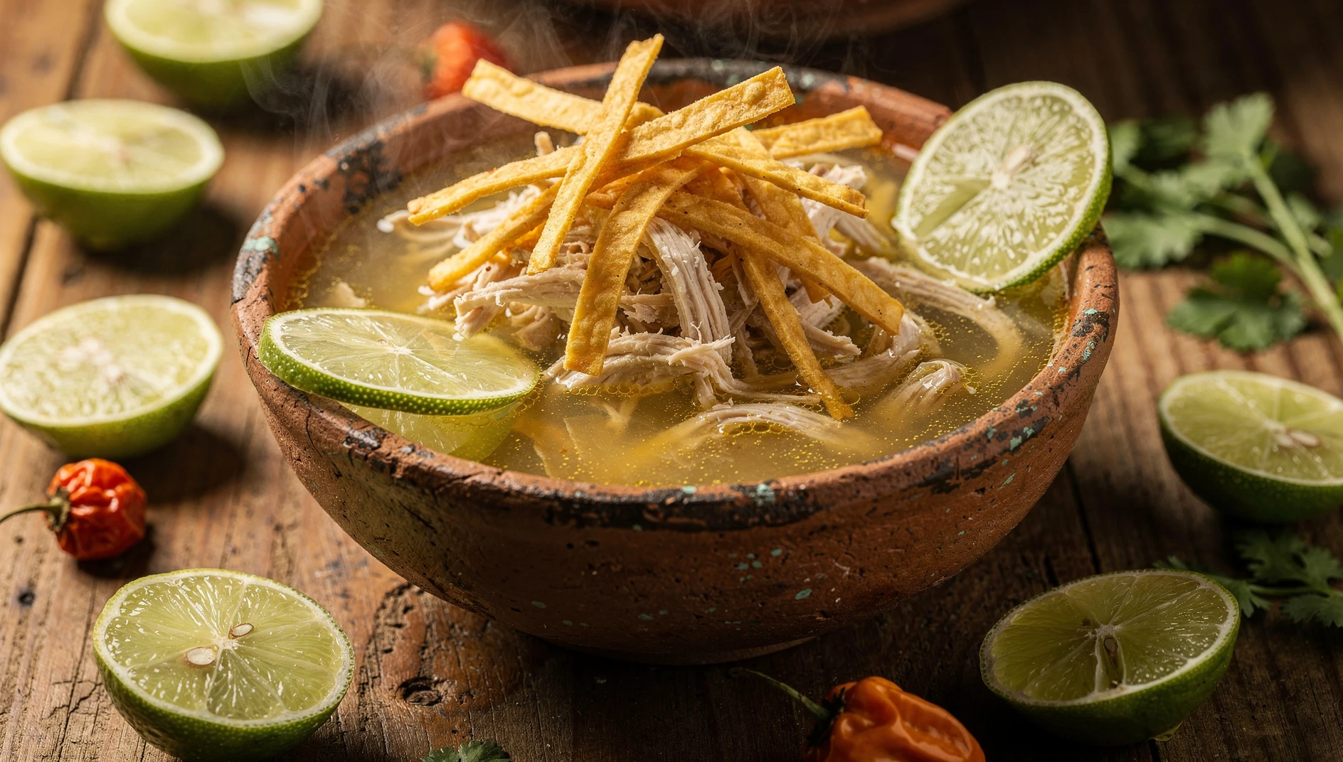 Tazón de sopa de lima yucateca con pollo deshebrado, tiras de tortilla frita y rodajas de lima fresca