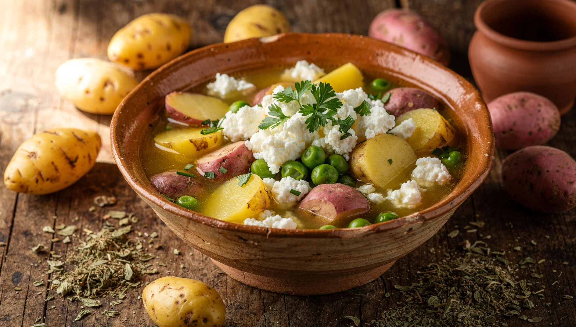 Sopa de lisas cusqueña servida en olla de barro con queso fresco y perejil sobre mesa rústica