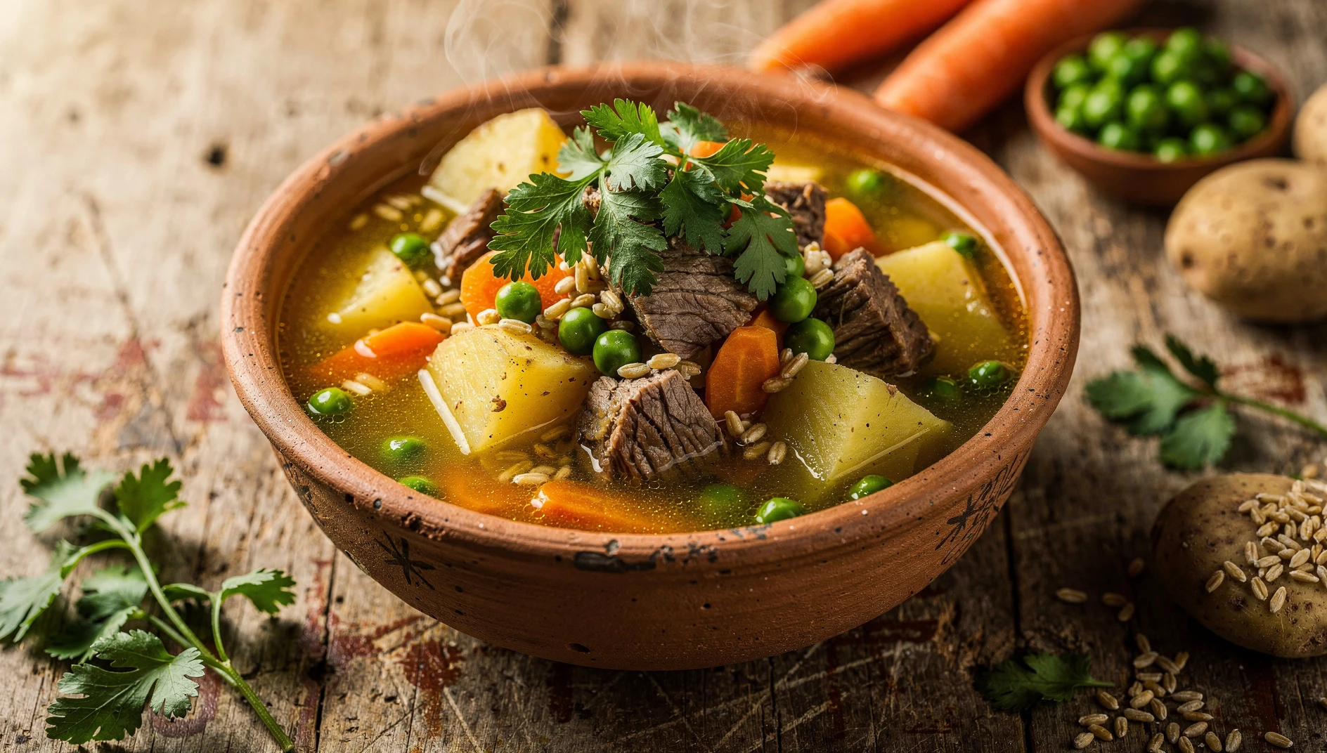 Tazón de sopa de morón andina con carne, papas, zanahoria y cebada partido servida con cilantro fresco