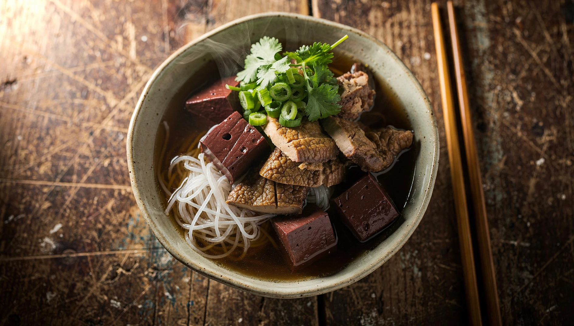 Tazón de sopa de sangre de pato y fideos vermicelli de arroz estilo Nanjing con cilantro y cebolleta fresca