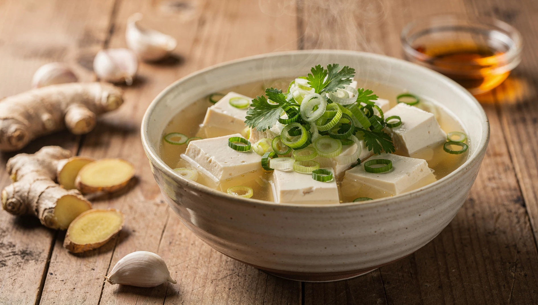 Tazón de sopa de tofu de Bagongshan con tofu en caldo claro y cebolleta picada